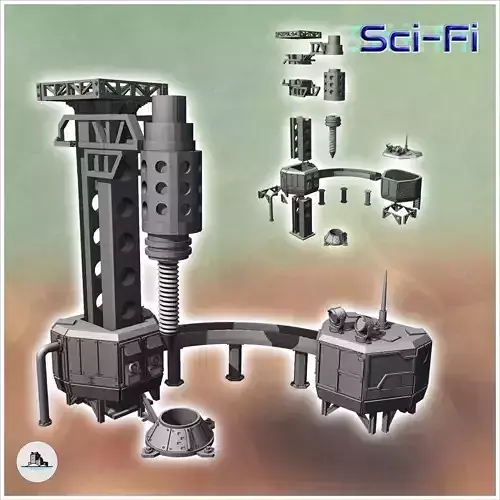 Set of futuristic giant drill with drilling hole and sorting ann