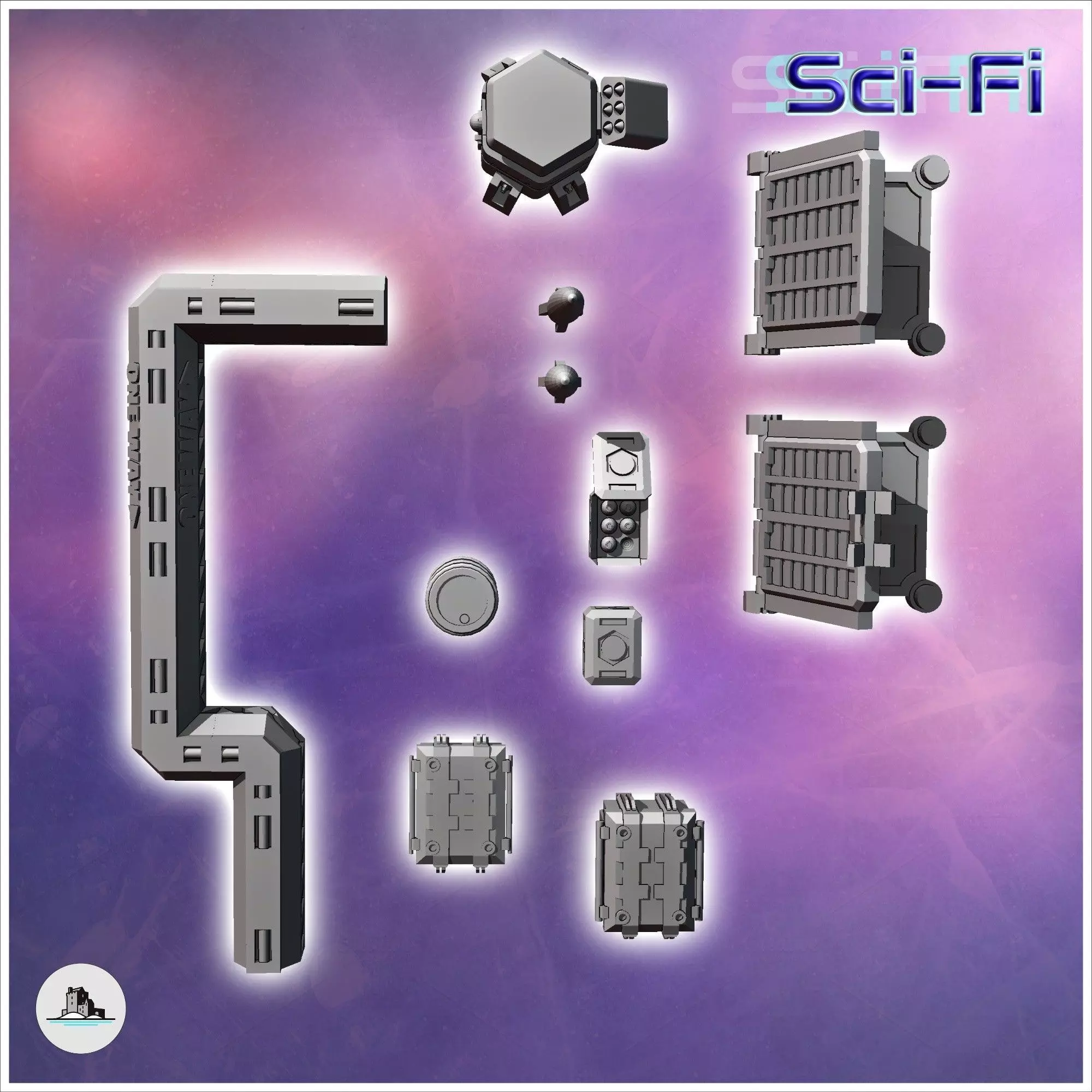 Set of futuristic Sci-Fi fortifications with barricades missiles 3D print model_5