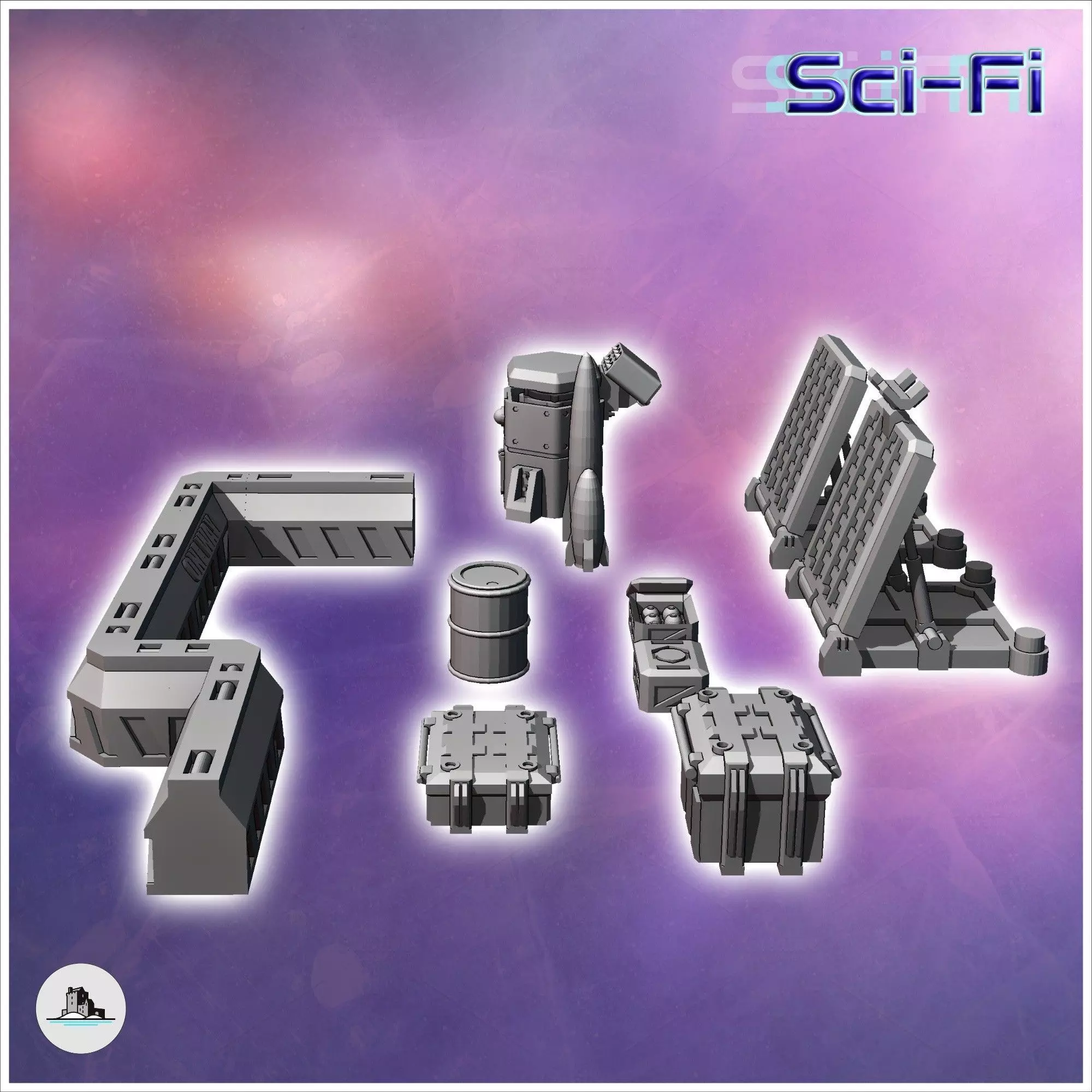 Set of futuristic Sci-Fi fortifications with barricades missiles 3D print model_4