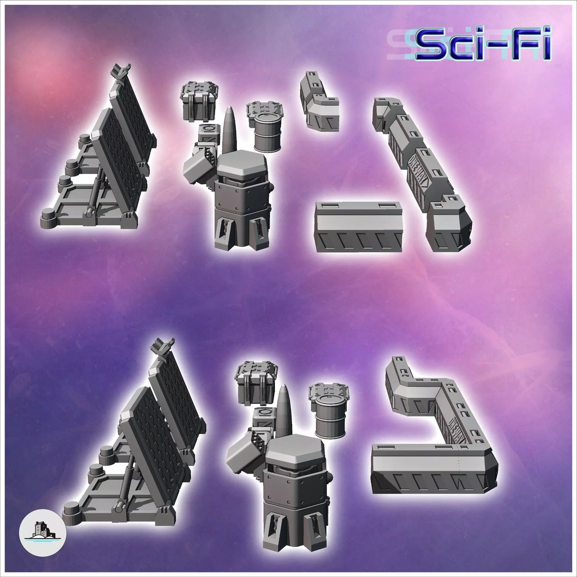 Set of futuristic Sci-Fi fortifications with barricades missiles 3D print model_2