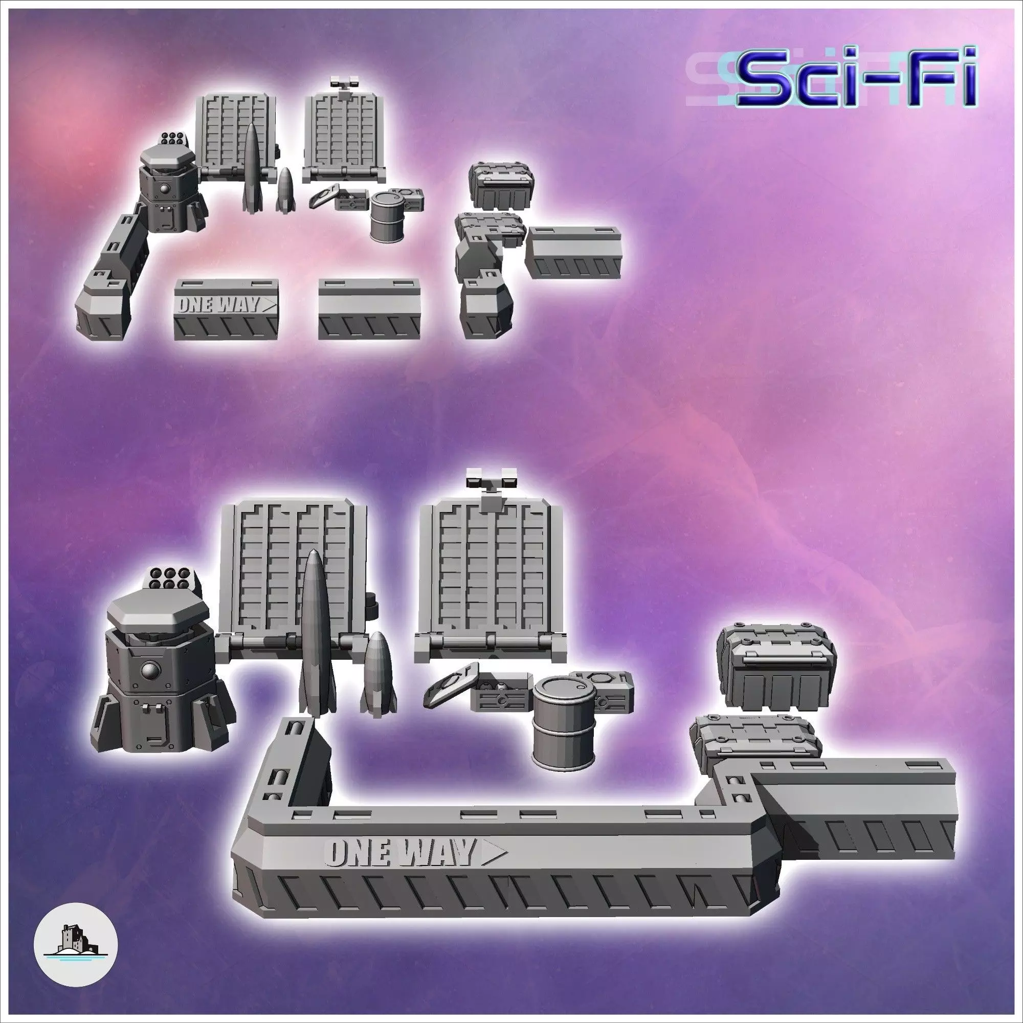 Set of futuristic Sci-Fi fortifications with barricades missiles 3D print model_1