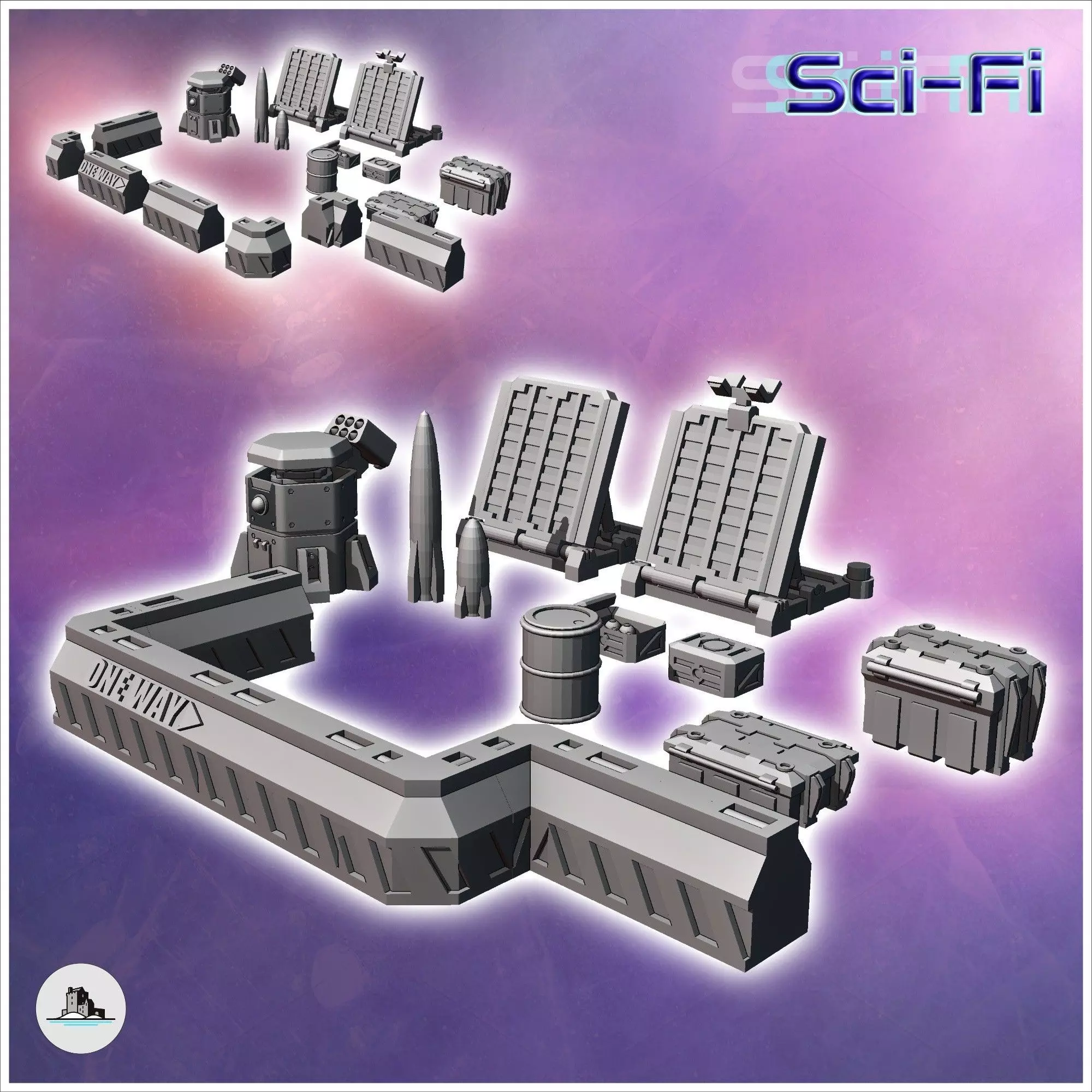 Set of futuristic Sci-Fi fortifications with barricades missiles 3D print model_0