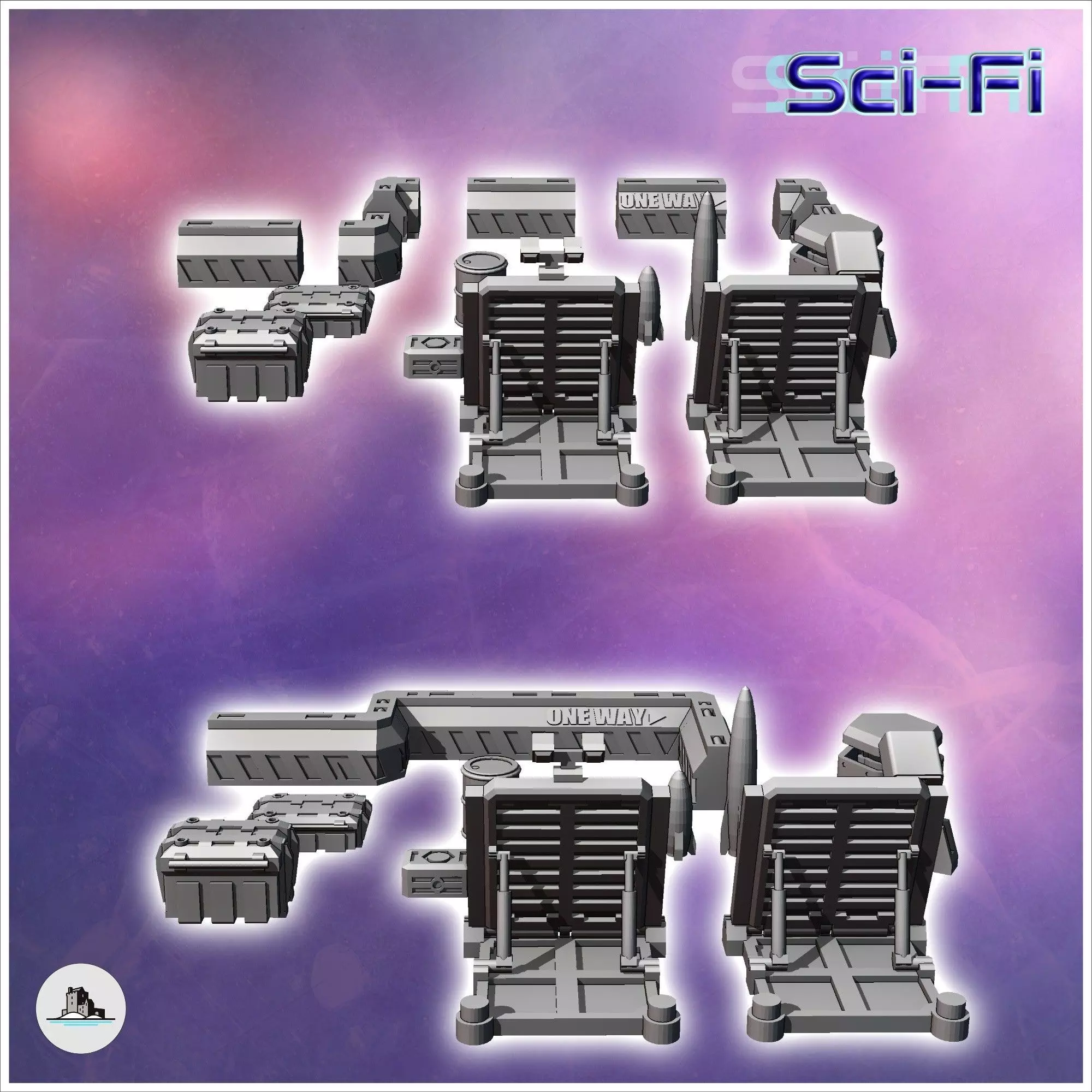 Set of futuristic Sci-Fi fortifications with barricades missiles 3D print model_3