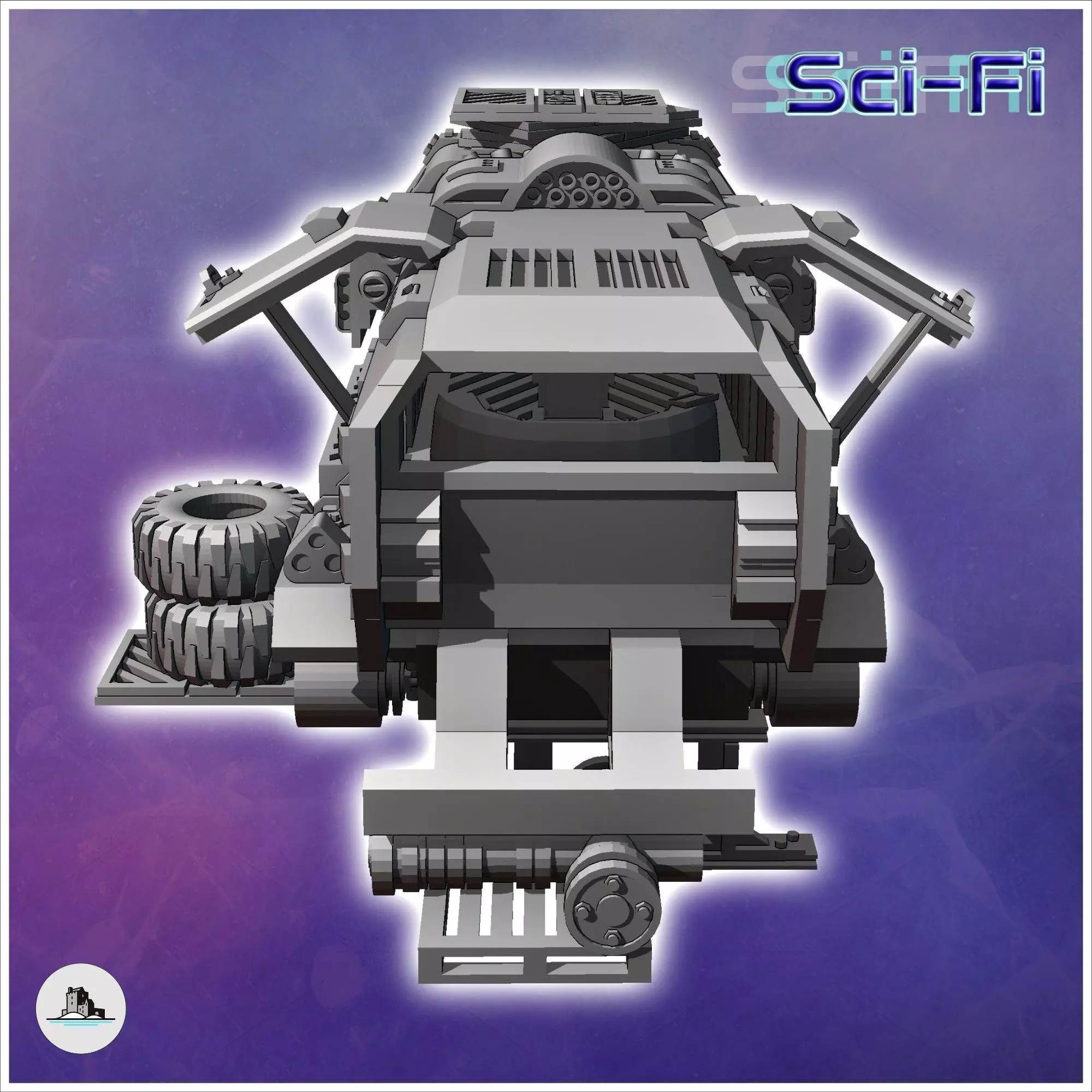 Futuristic shelter in a vehicle carcass with tires and slightly  3D print model_4