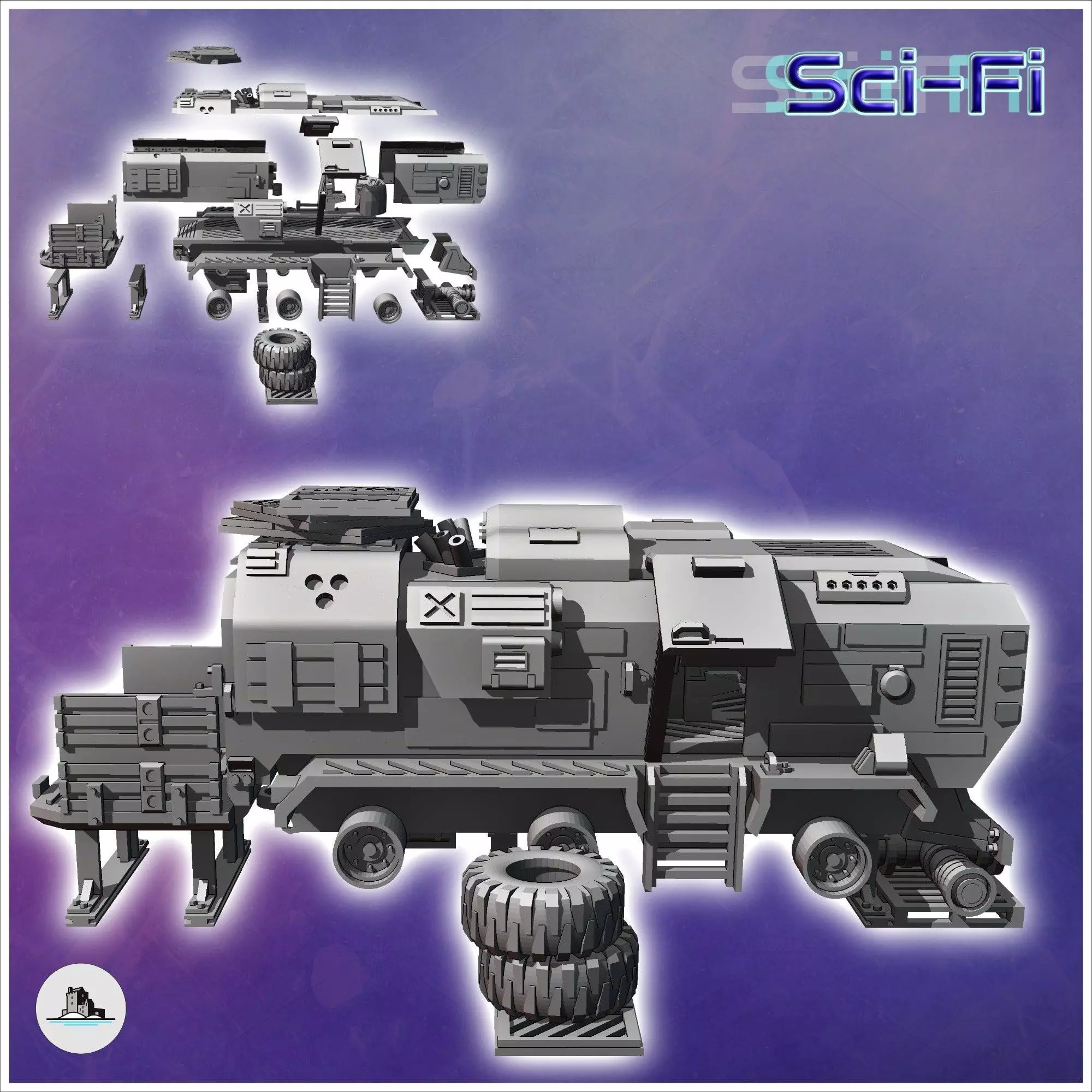 Futuristic shelter in a vehicle carcass with tires and slightly  3D print model_1