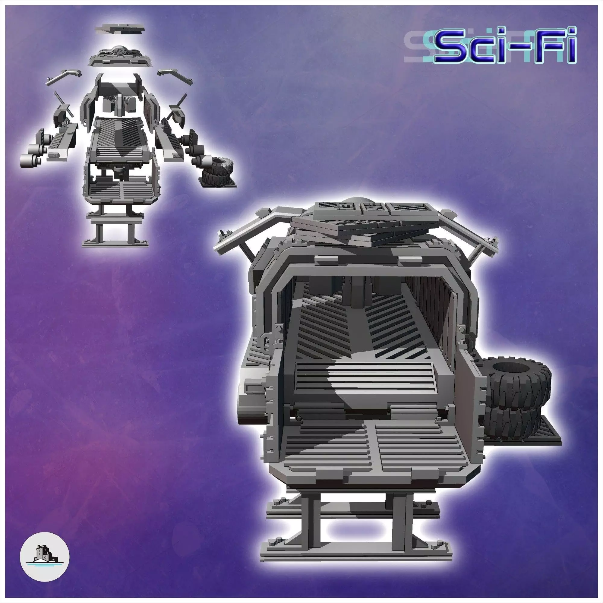 Futuristic shelter in a vehicle carcass with tires and slightly  3D print model_2