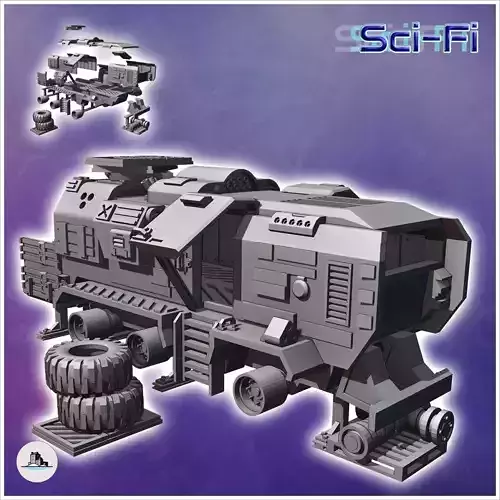 Futuristic shelter in a vehicle carcass with tires and slightly 