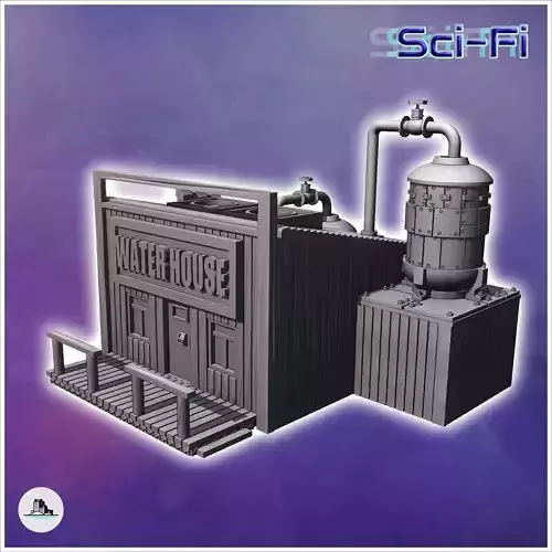 Futuristic western water storage building with pipes and tank 3 