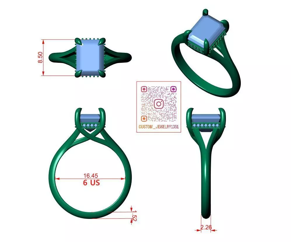 Emerald Engagement Ring 3D print model_6
