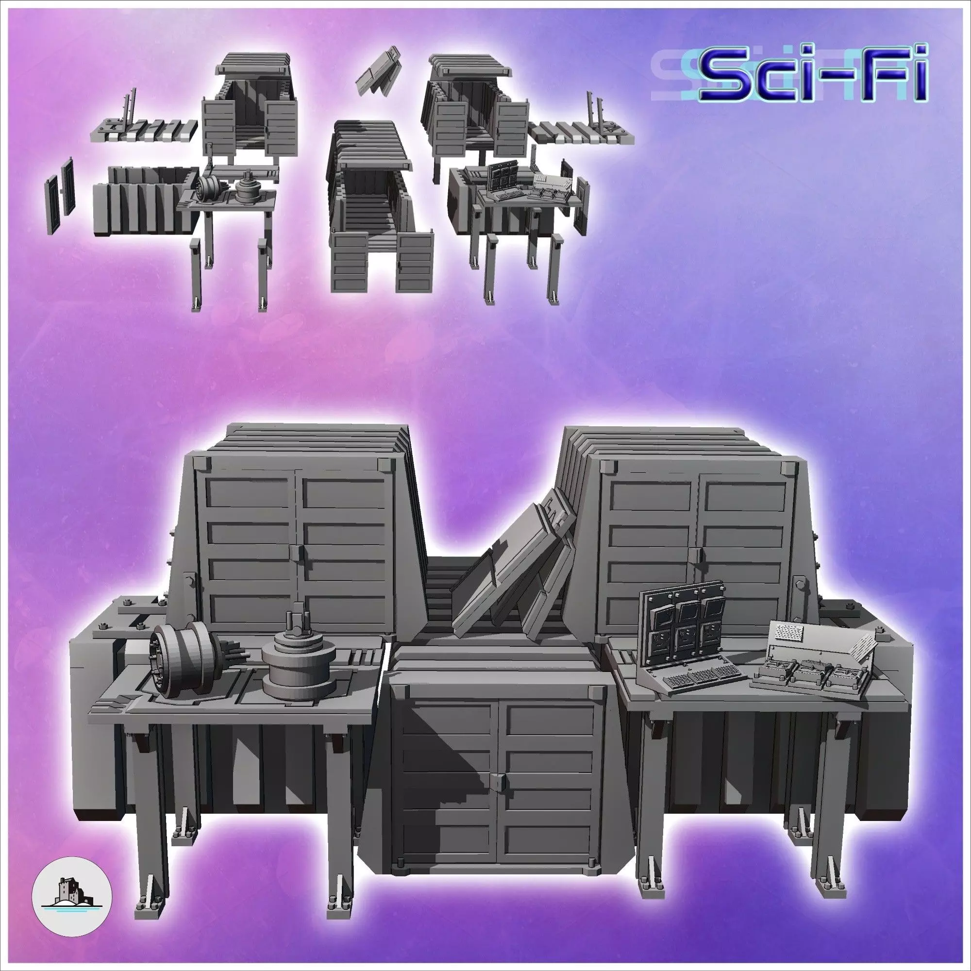 Shelter arranged in multiple futuristic metal containers with fl 3D print model_1