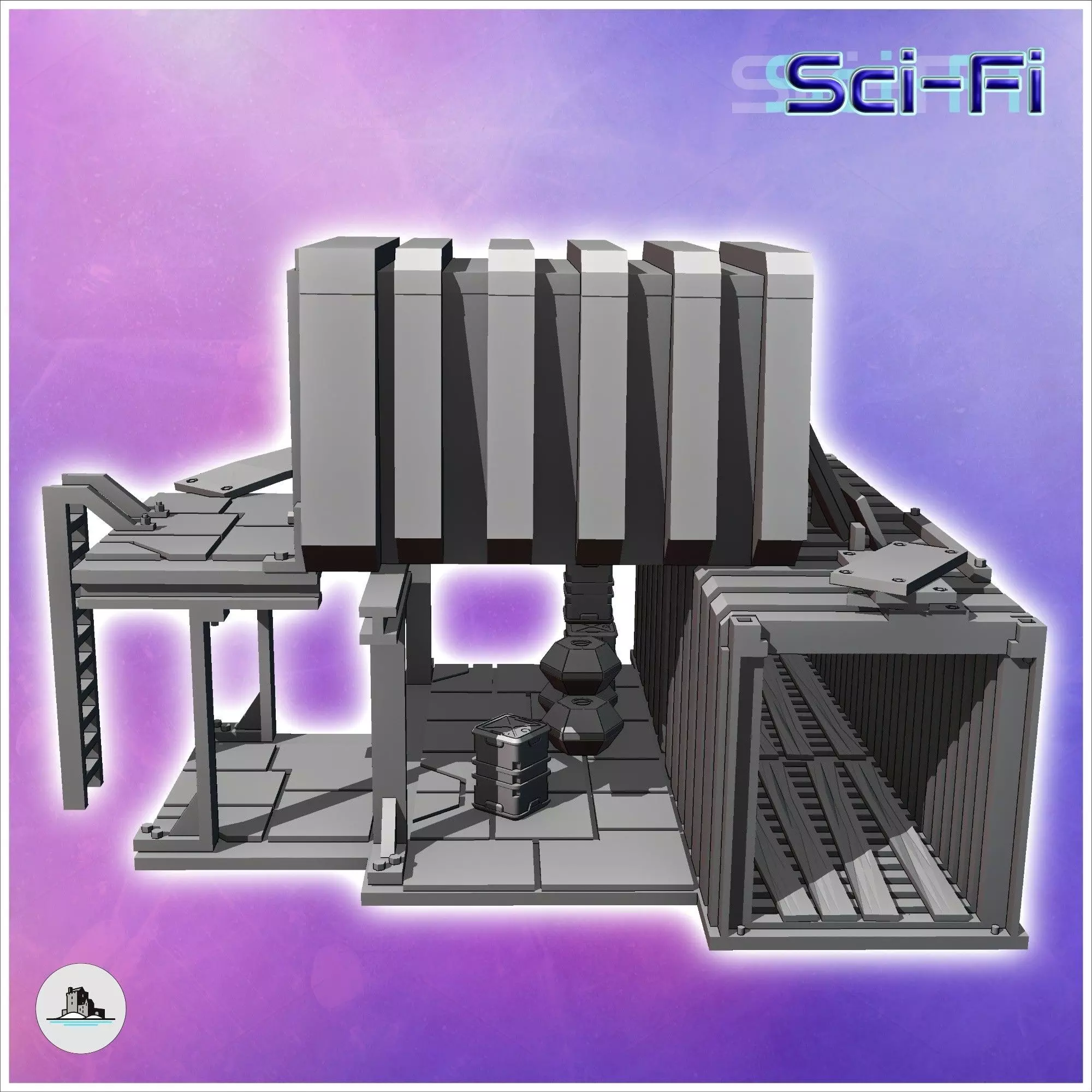 Two-story container shelter with large awning and access ladder 3D print model_3