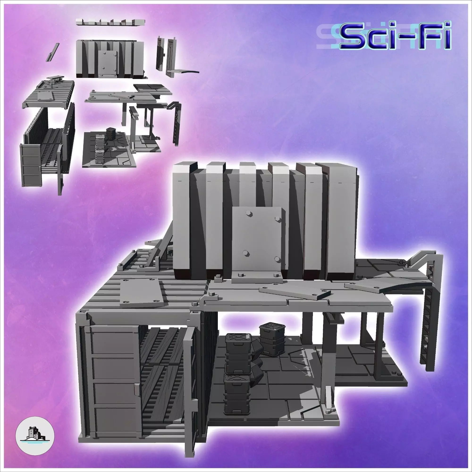 Two-story container shelter with large awning and access ladder 3D print model_1