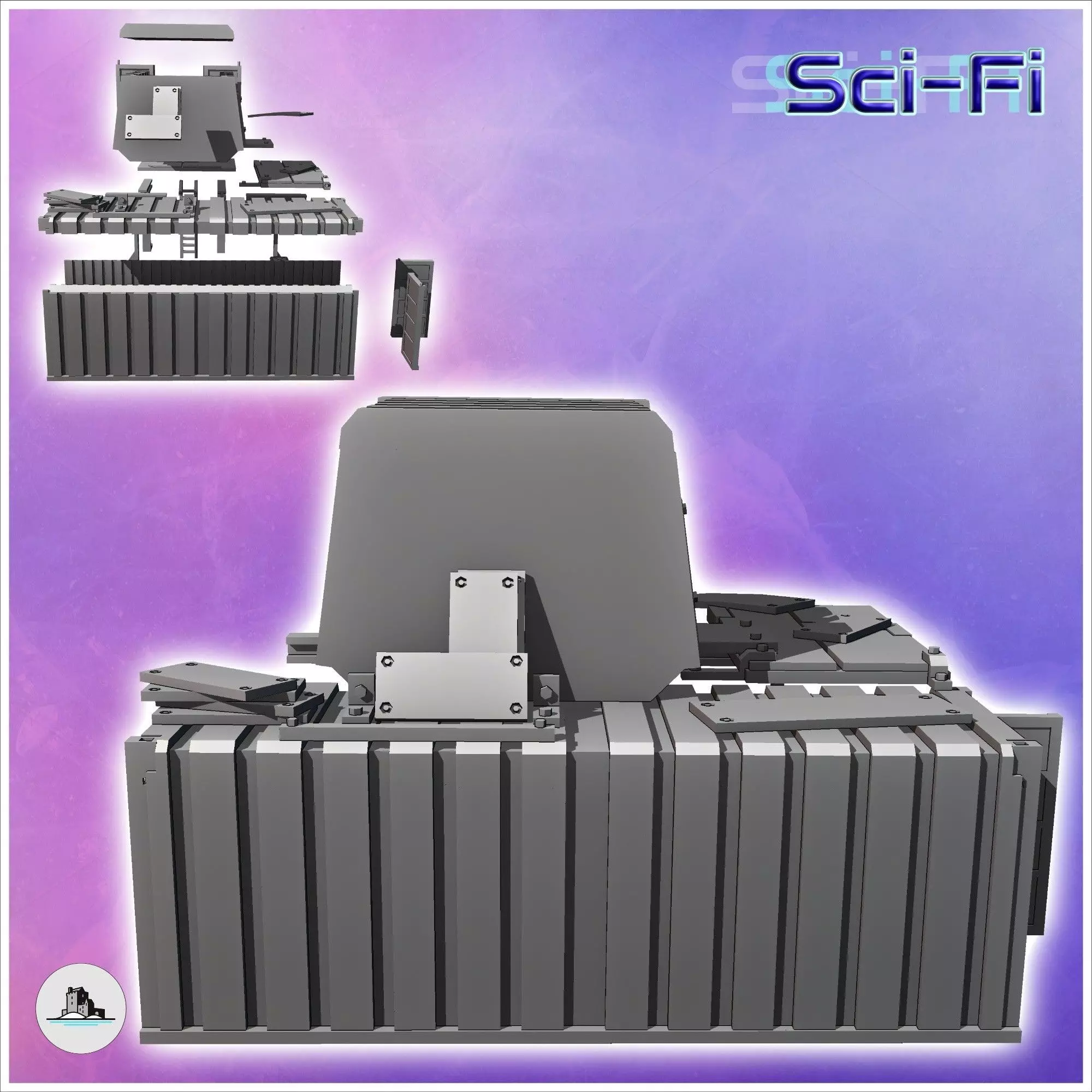 Two-story container shelter with large awning and access ladder 3D print model_2