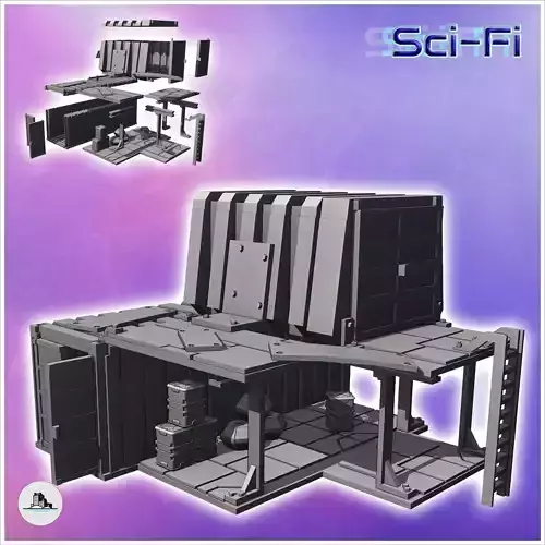 Two-story container shelter with large awning and access ladder 