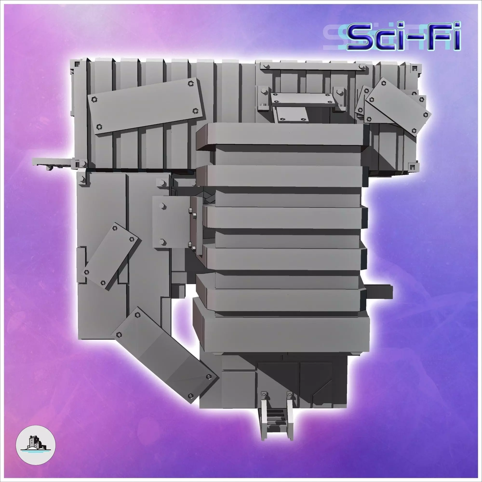 Two-story container shelter with large awning and access ladder 3D print model_5