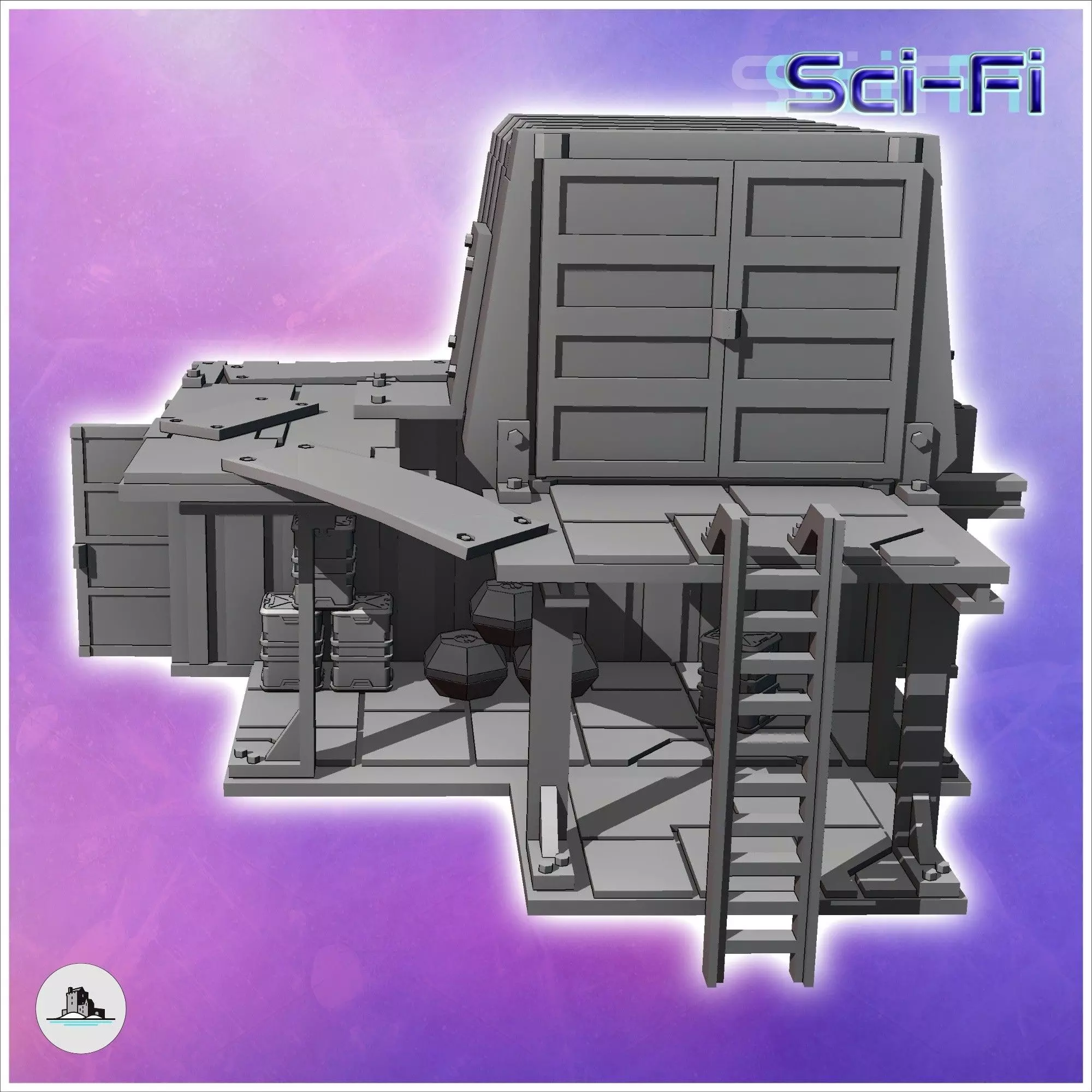 Two-story container shelter with large awning and access ladder 3D print model_4