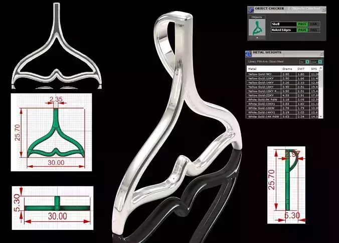 Minimalist Whale Tail Dolphin Fluke gold STL 3D Pendant gp0062