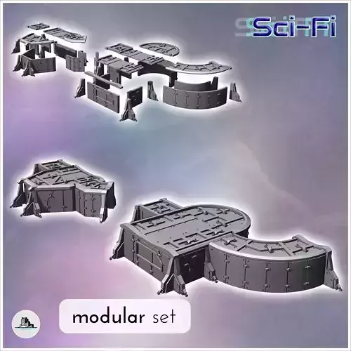 Modular futuristic Sci-Fi fortified bunker with corner metal pil