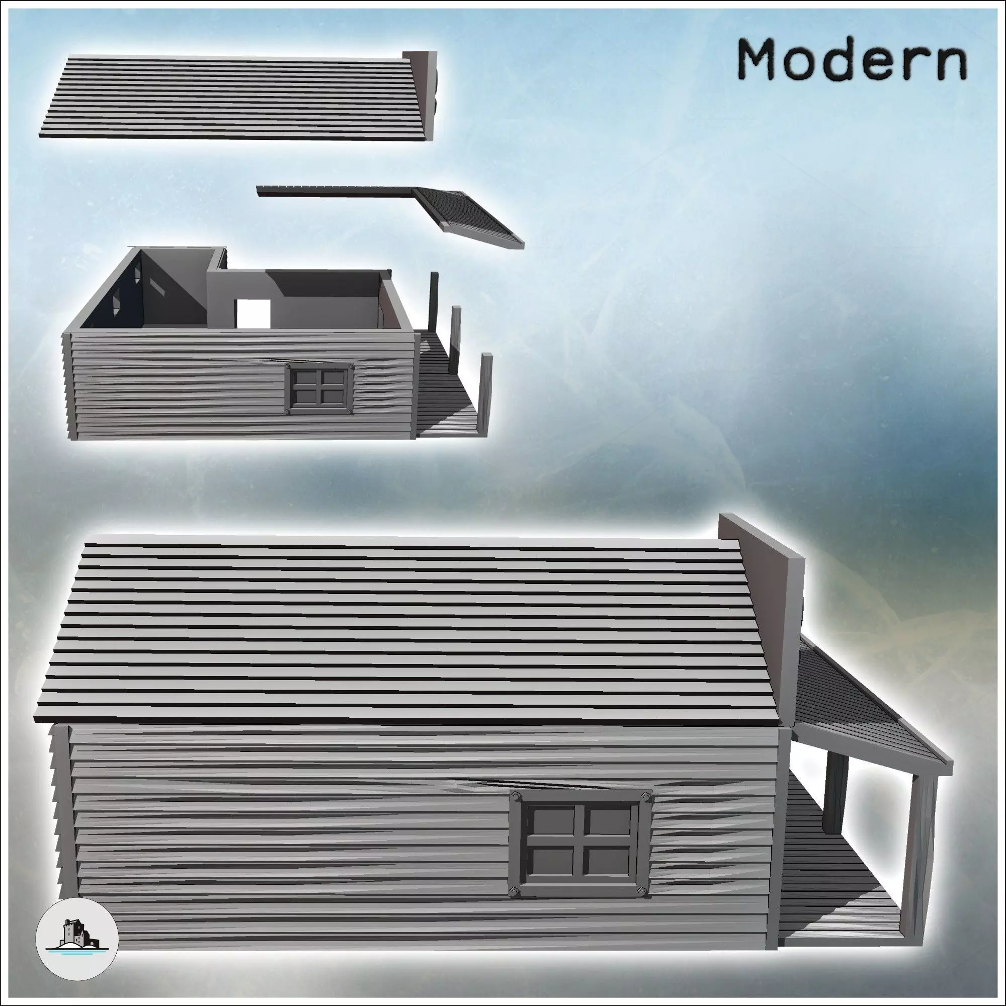 Sheriff building with multi-pitched roof awning on a wooden plat 3D print model_2