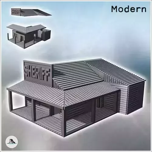 Sheriff building with multi-pitched roof awning on a wooden plat
