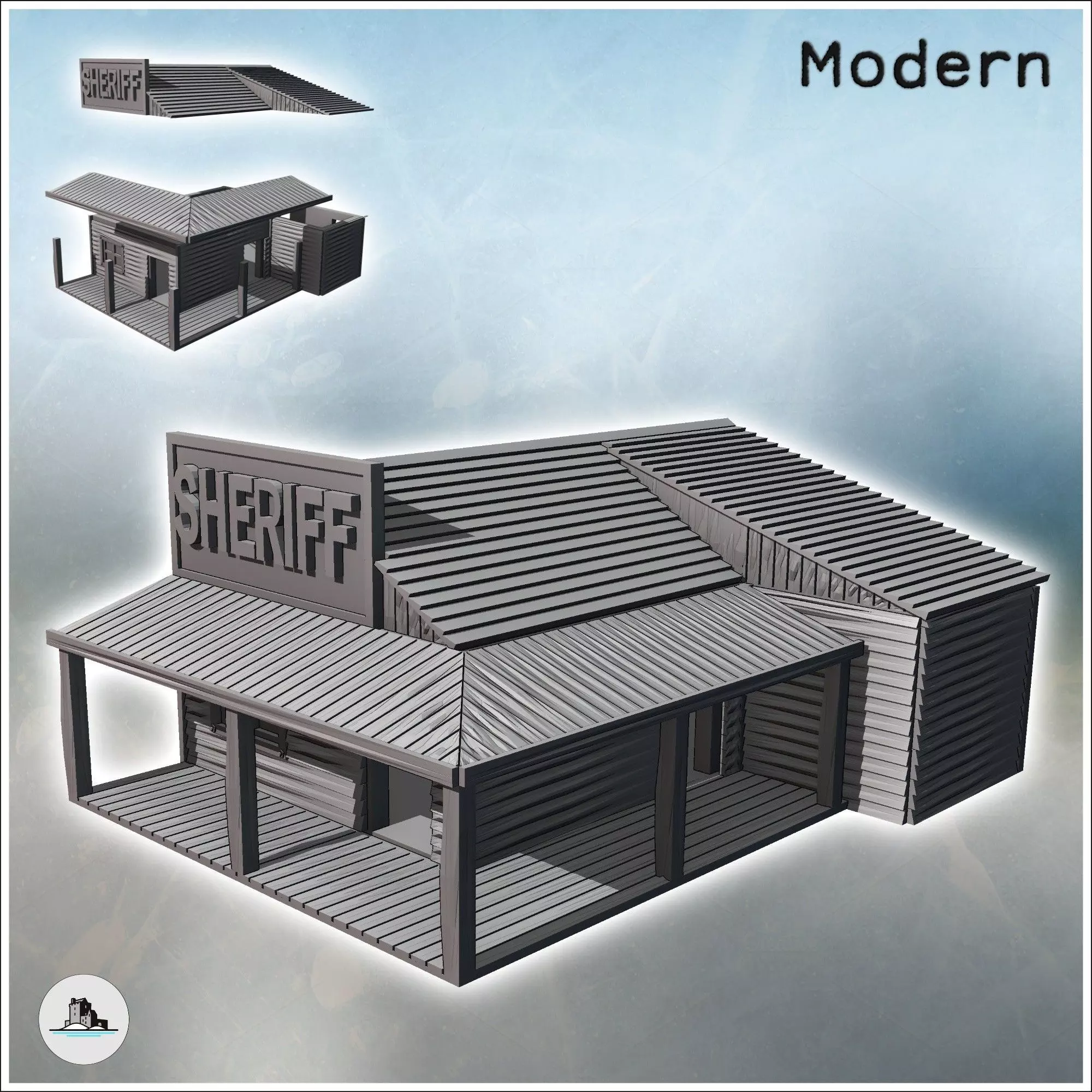 Sheriff building with multi-pitched roof awning on a wooden plat 3D print model_0