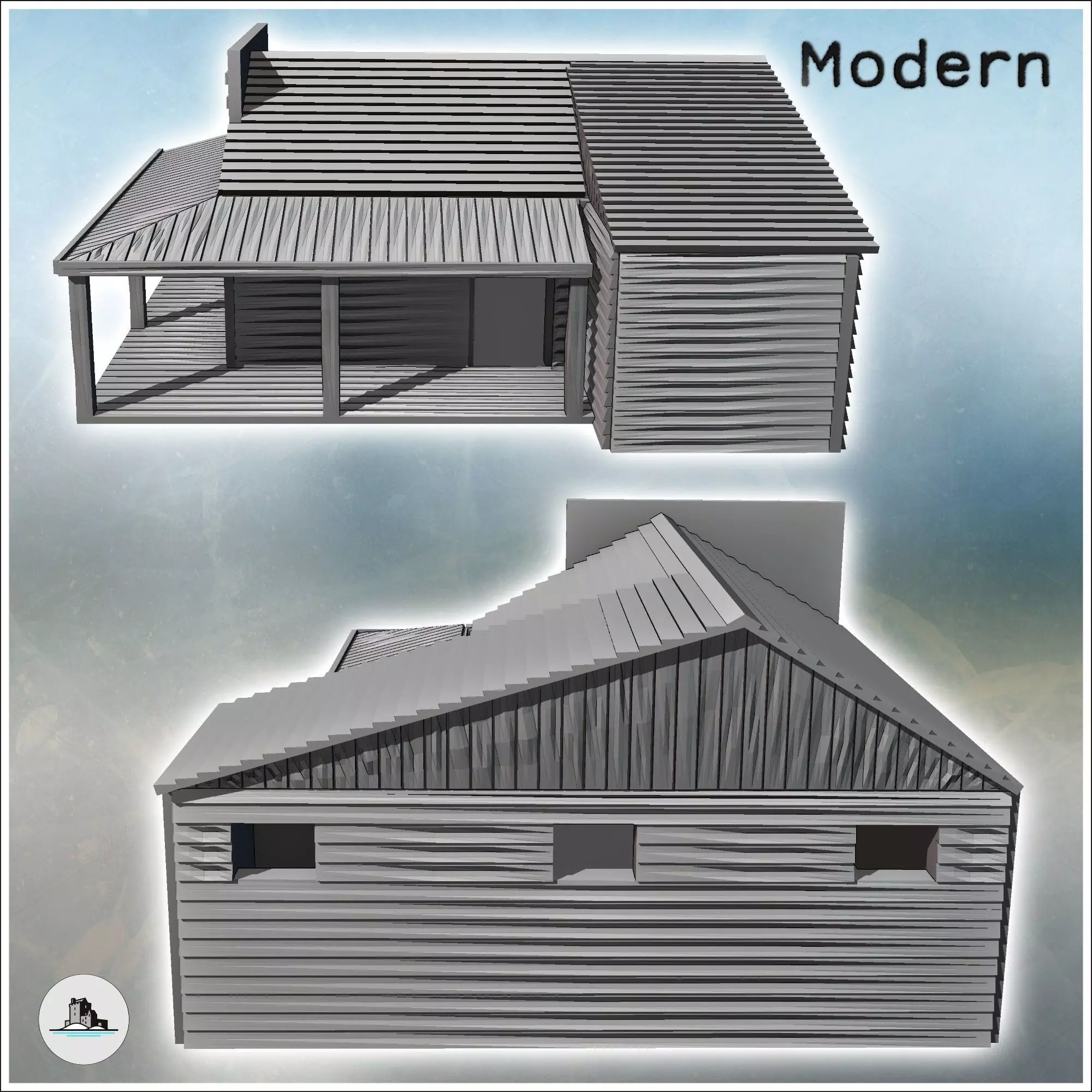 Sheriff building with multi-pitched roof awning on a wooden plat 3D print model_3