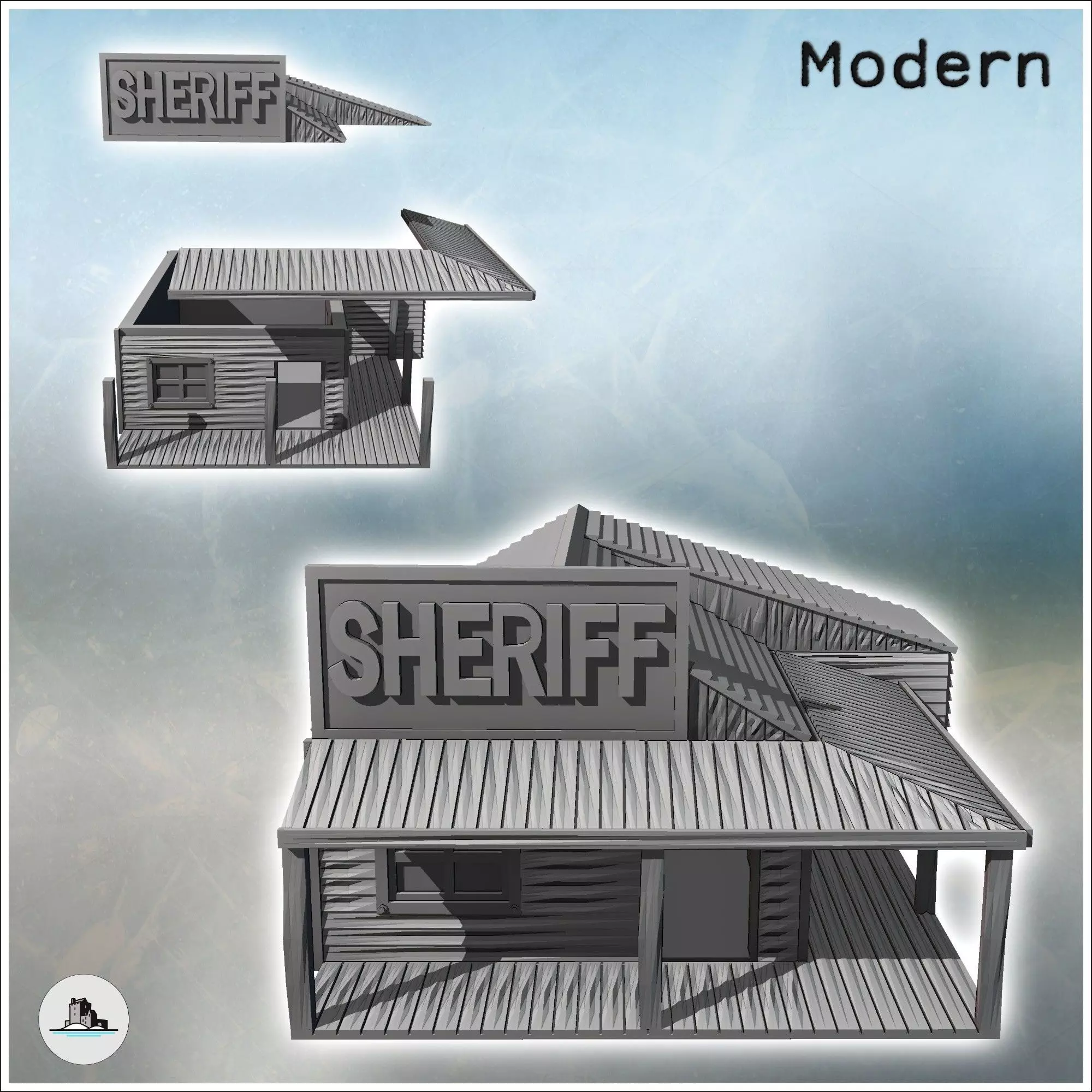 Sheriff building with multi-pitched roof awning on a wooden plat 3D print model_1