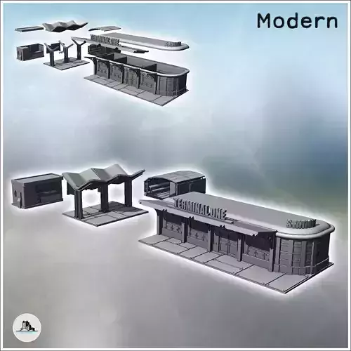 Set for modern bus station with passenger terminal bus stop awni