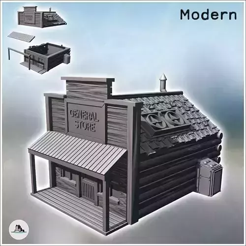 Western general store with log and wood walls and covered awning