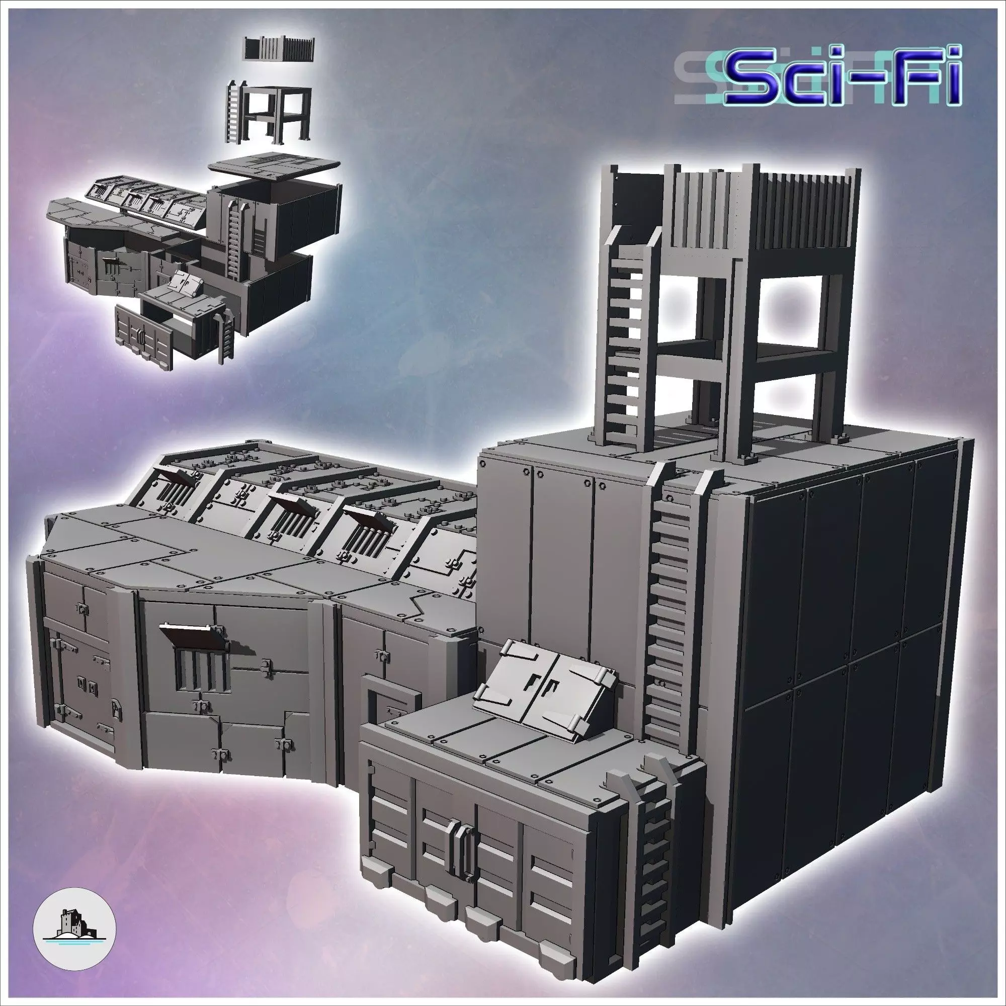 Futuristic fortified base with steel walls and observation tower 3D print model_0