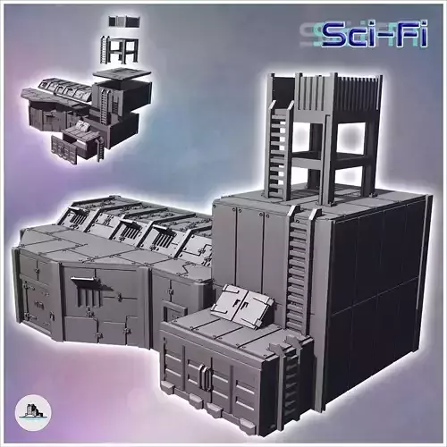 Futuristic fortified base with steel walls and observation tower