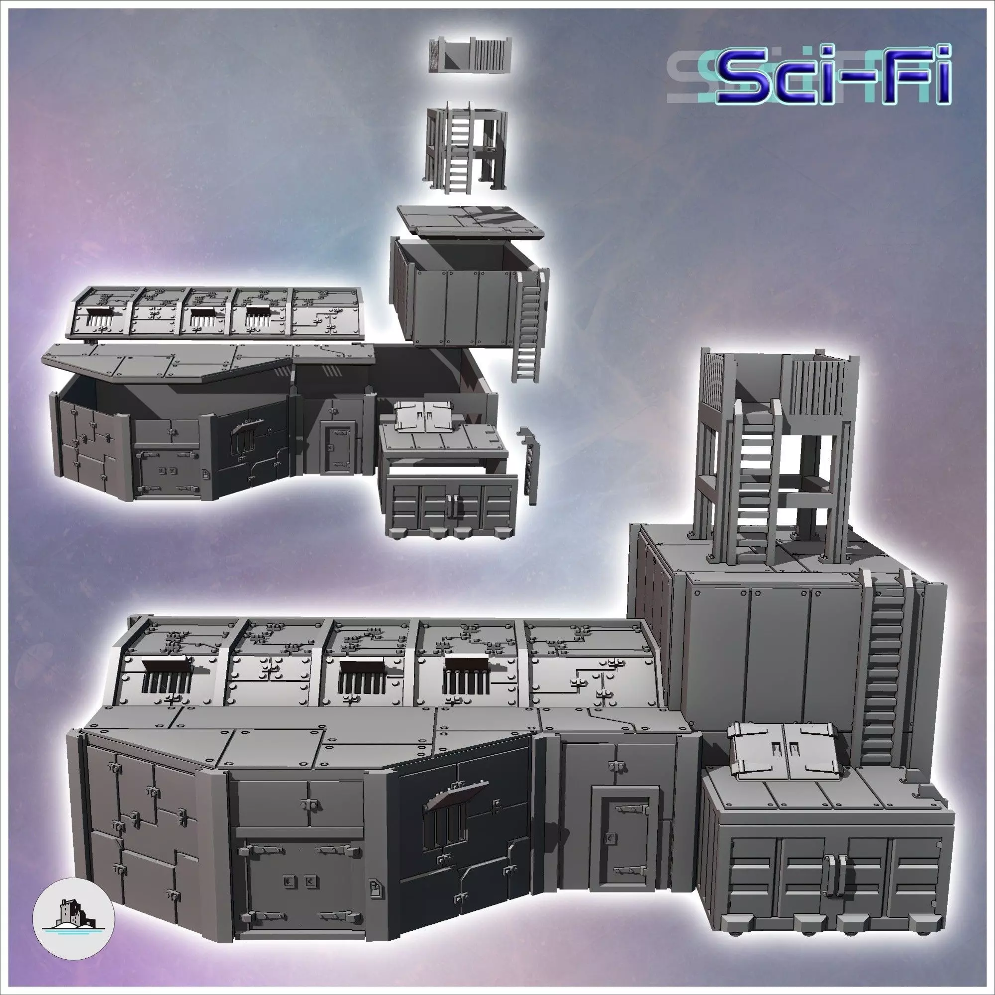 Futuristic fortified base with steel walls and observation tower 3D print model_1
