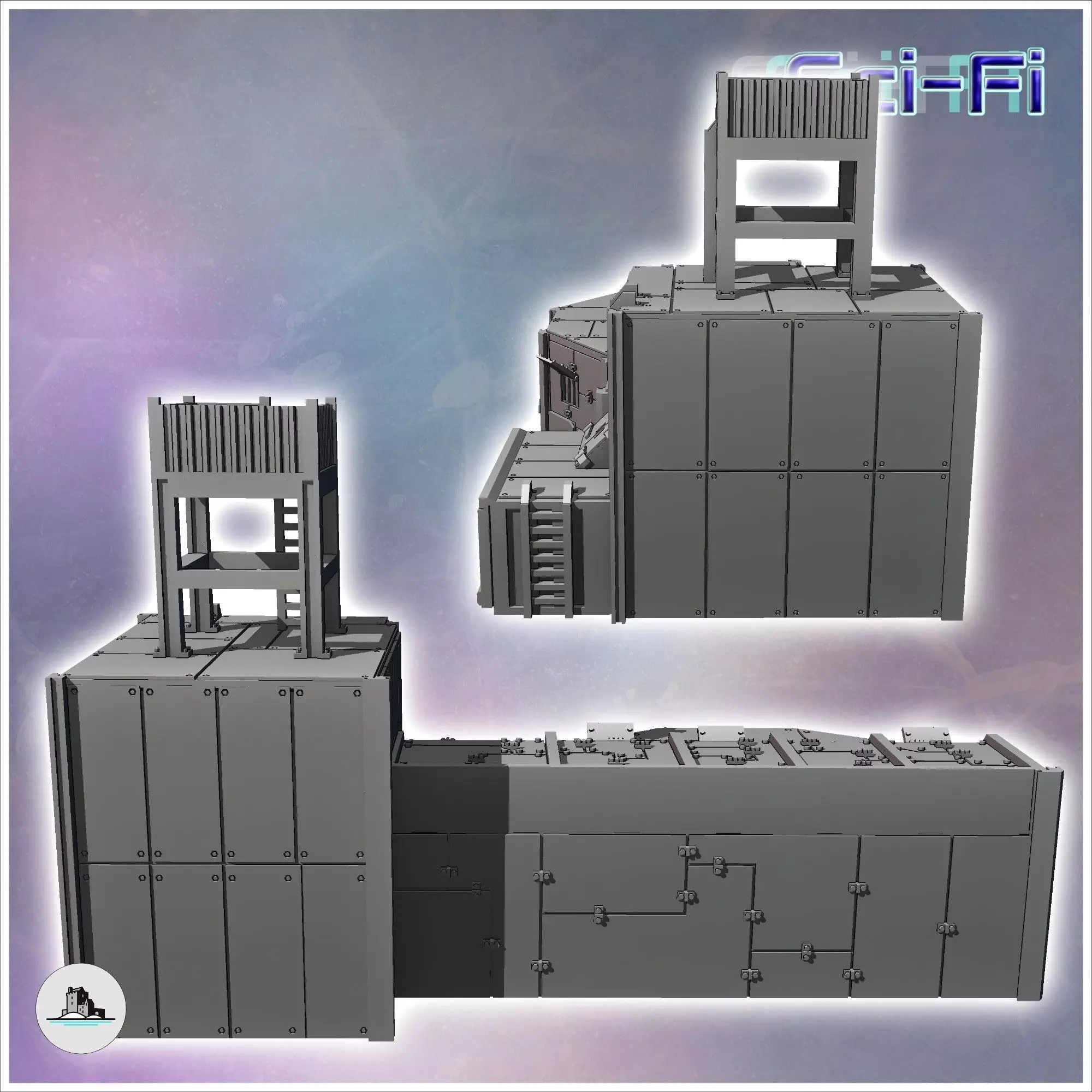Futuristic fortified base with steel walls and observation tower 3D print model_3