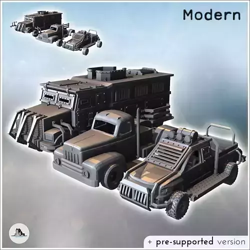 Set of three post-apocalyptic vehicles with improvised armored t