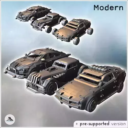 Set of three post-apocalyptic cars with bumper and improvised ar