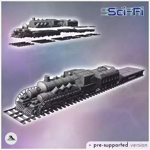 Steampunk train on double tracks with steam locomotive and trail