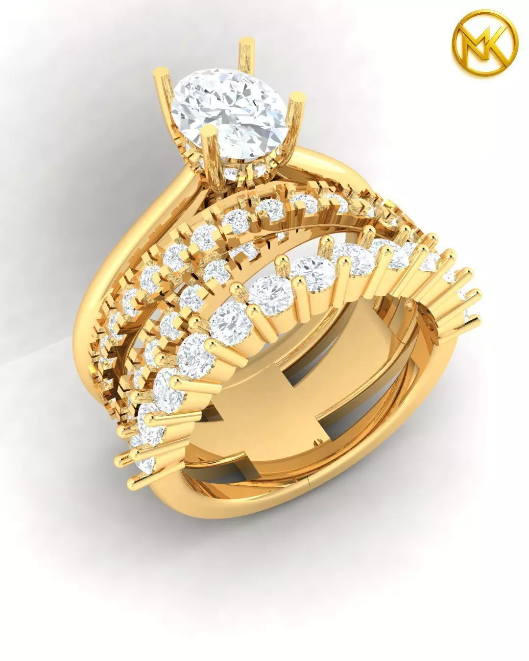 3-Piece Oval Solitaire Diamond Bridal Ring Set 3D print model