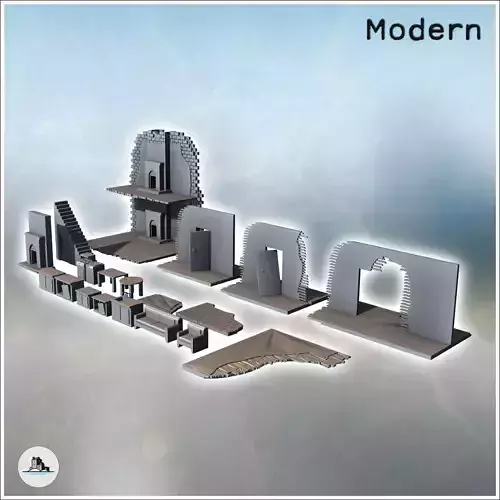 Set of accessories for urban ruins with interior furniture and w