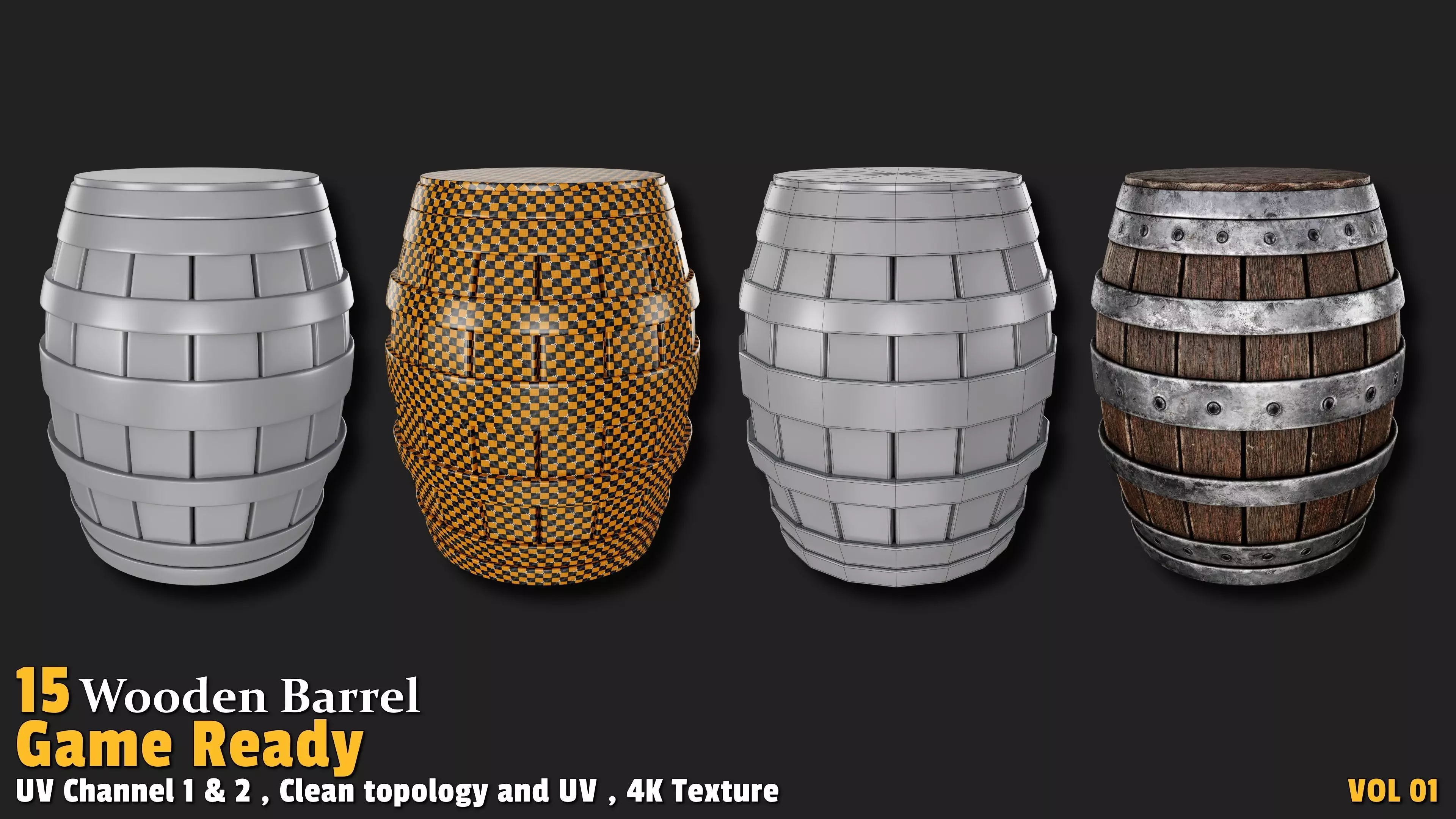 Wooden Barrel Game Ready VOL01 Low-poly 3D model_8