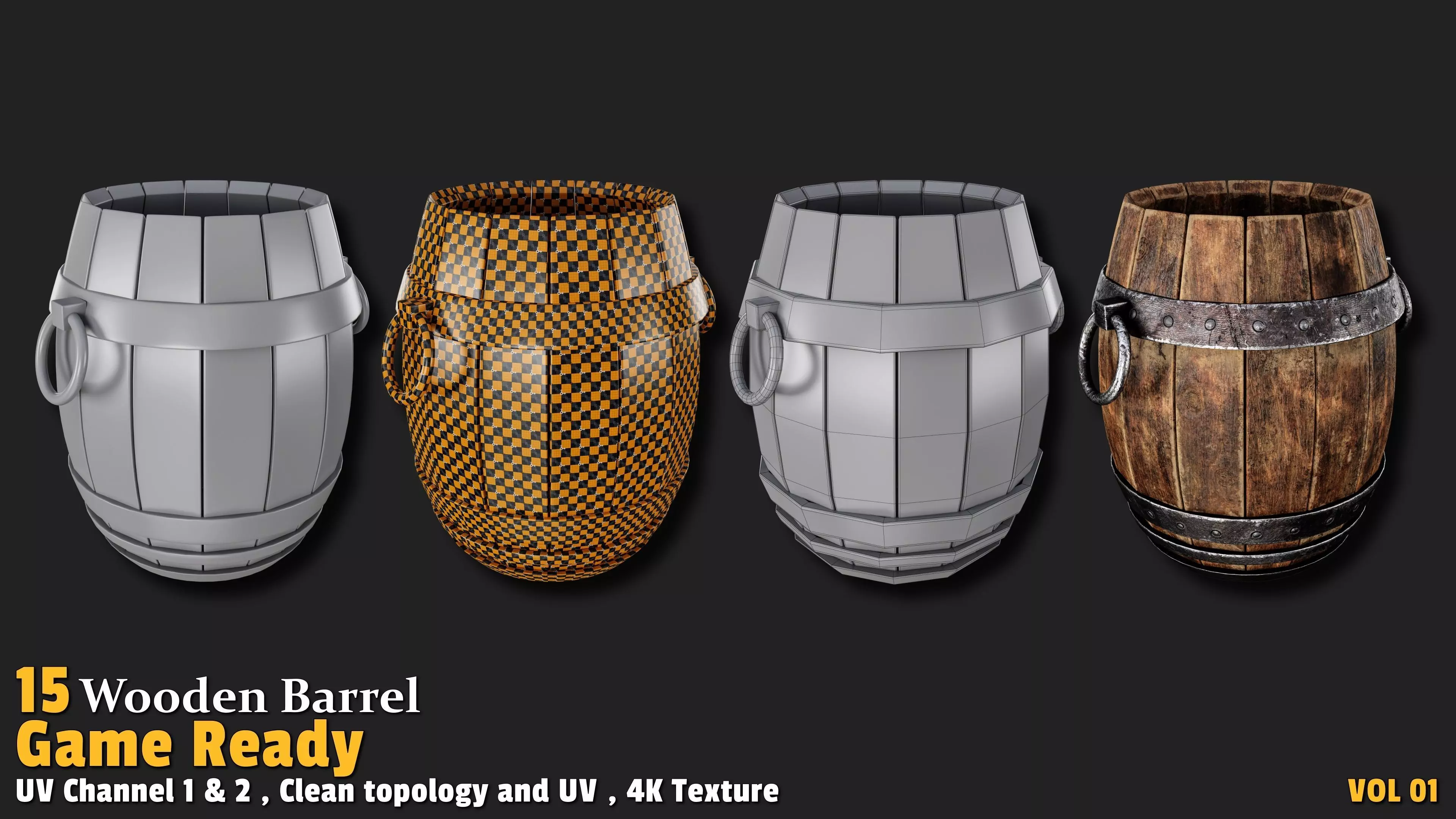 Wooden Barrel Game Ready VOL01 Low-poly 3D model_2