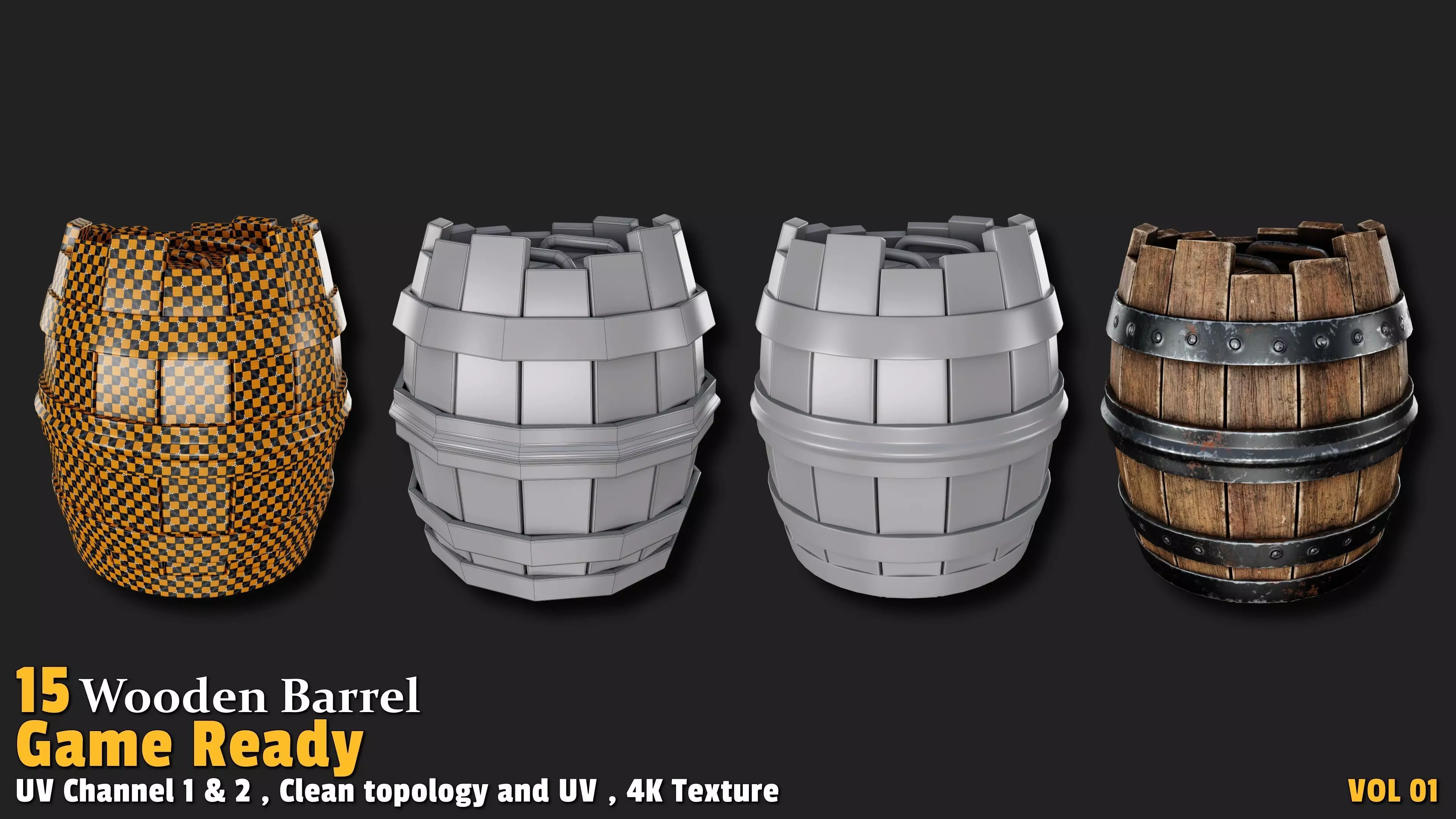 Wooden Barrel Game Ready VOL01 Low-poly 3D model_15