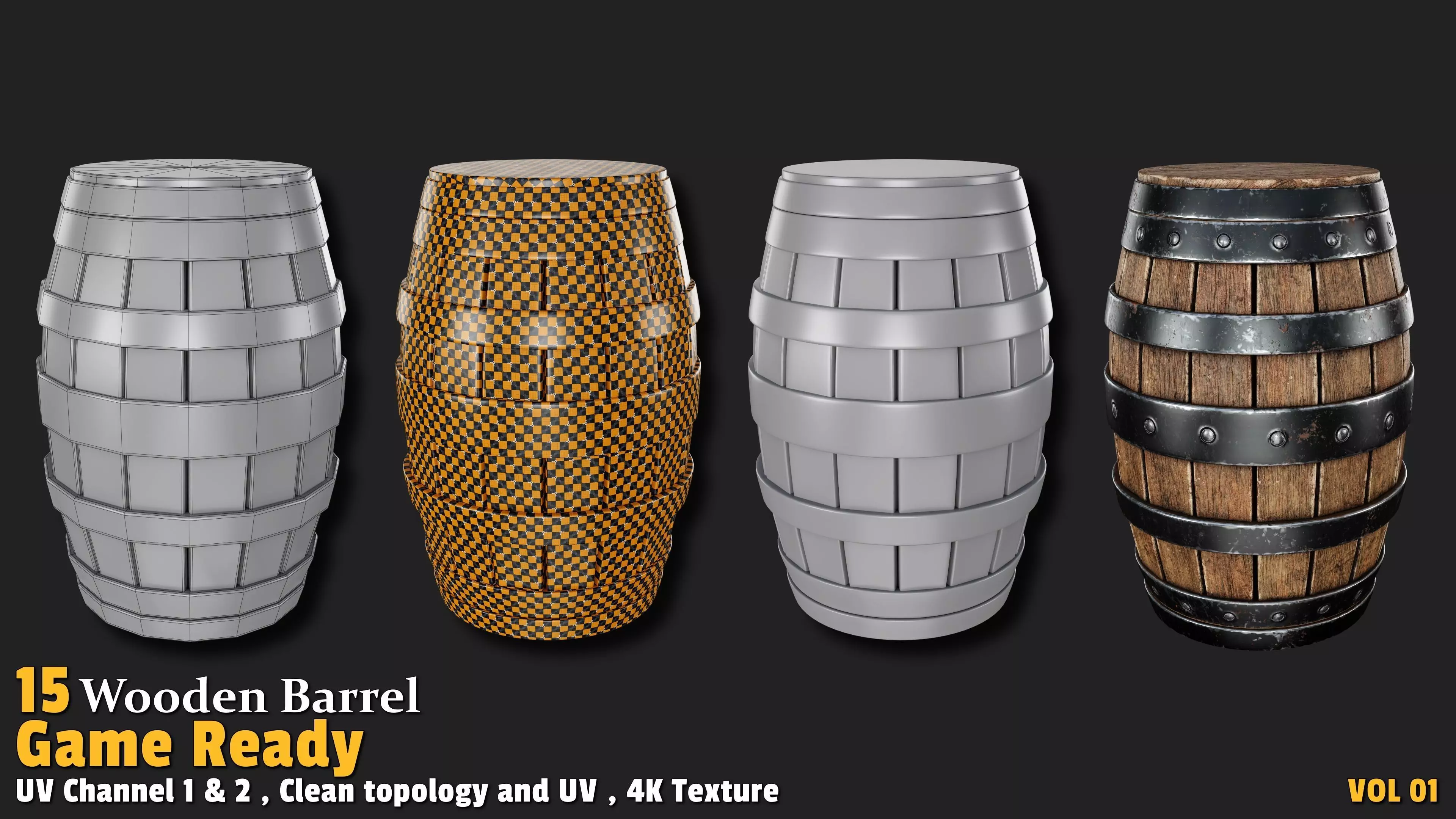 Wooden Barrel Game Ready VOL01 Low-poly 3D model_9