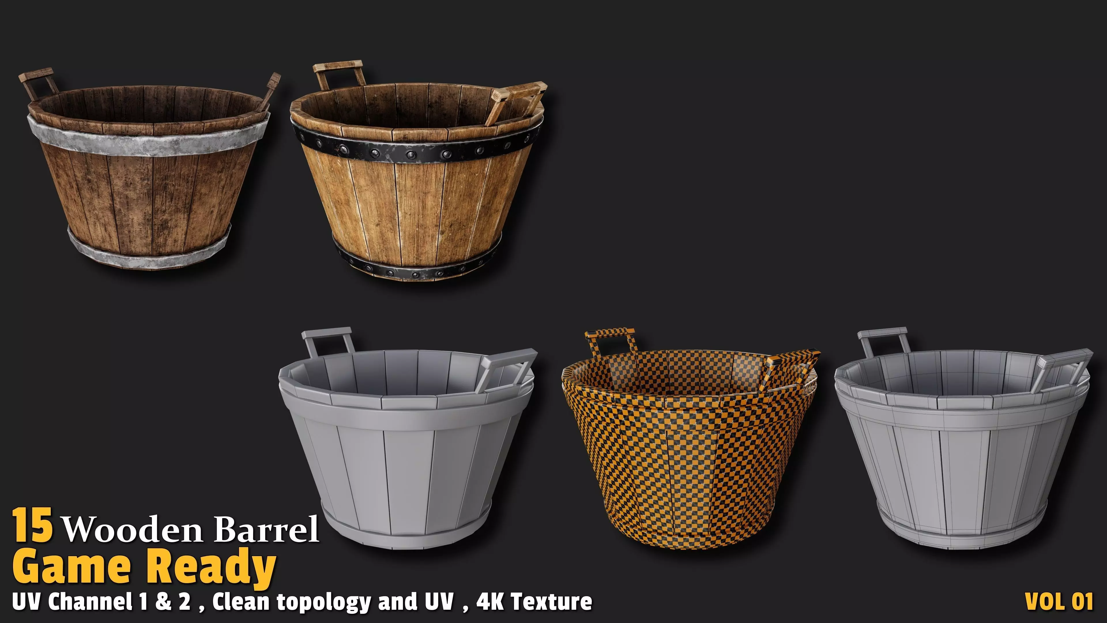 Wooden Barrel Game Ready VOL01 Low-poly 3D model_7