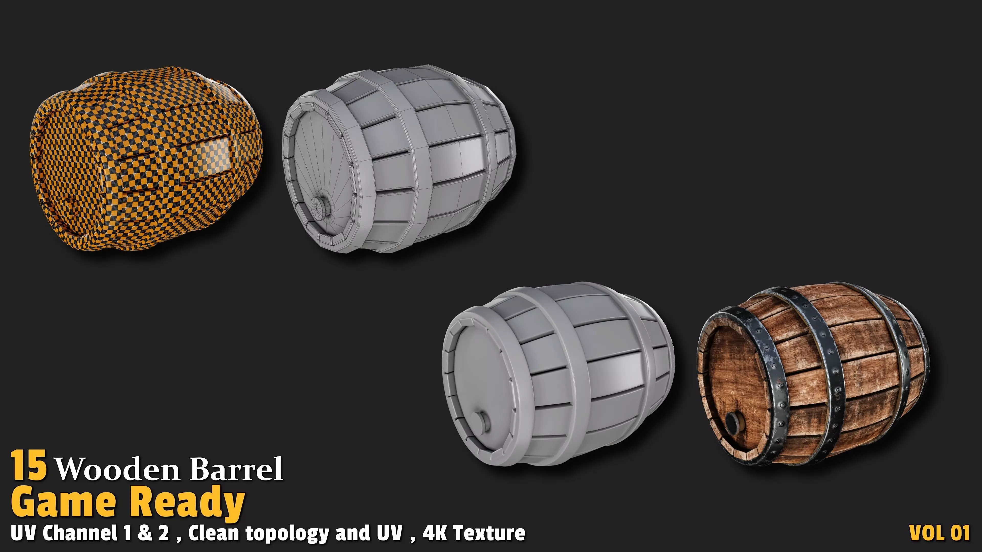 Wooden Barrel Game Ready VOL01 Low-poly 3D model_1