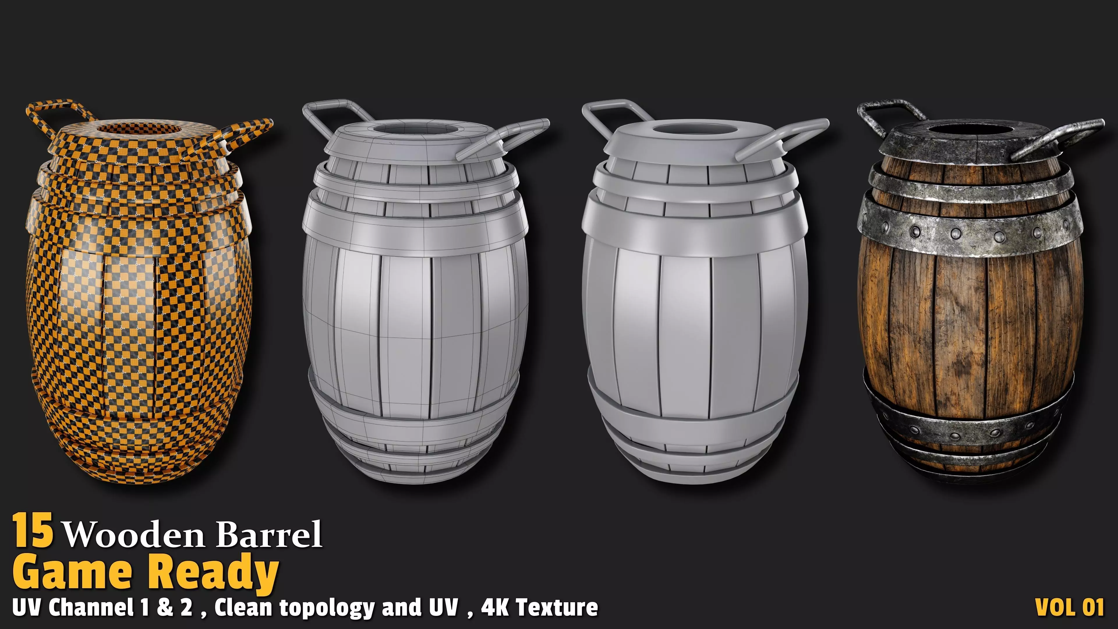 Wooden Barrel Game Ready VOL01 Low-poly 3D model_14