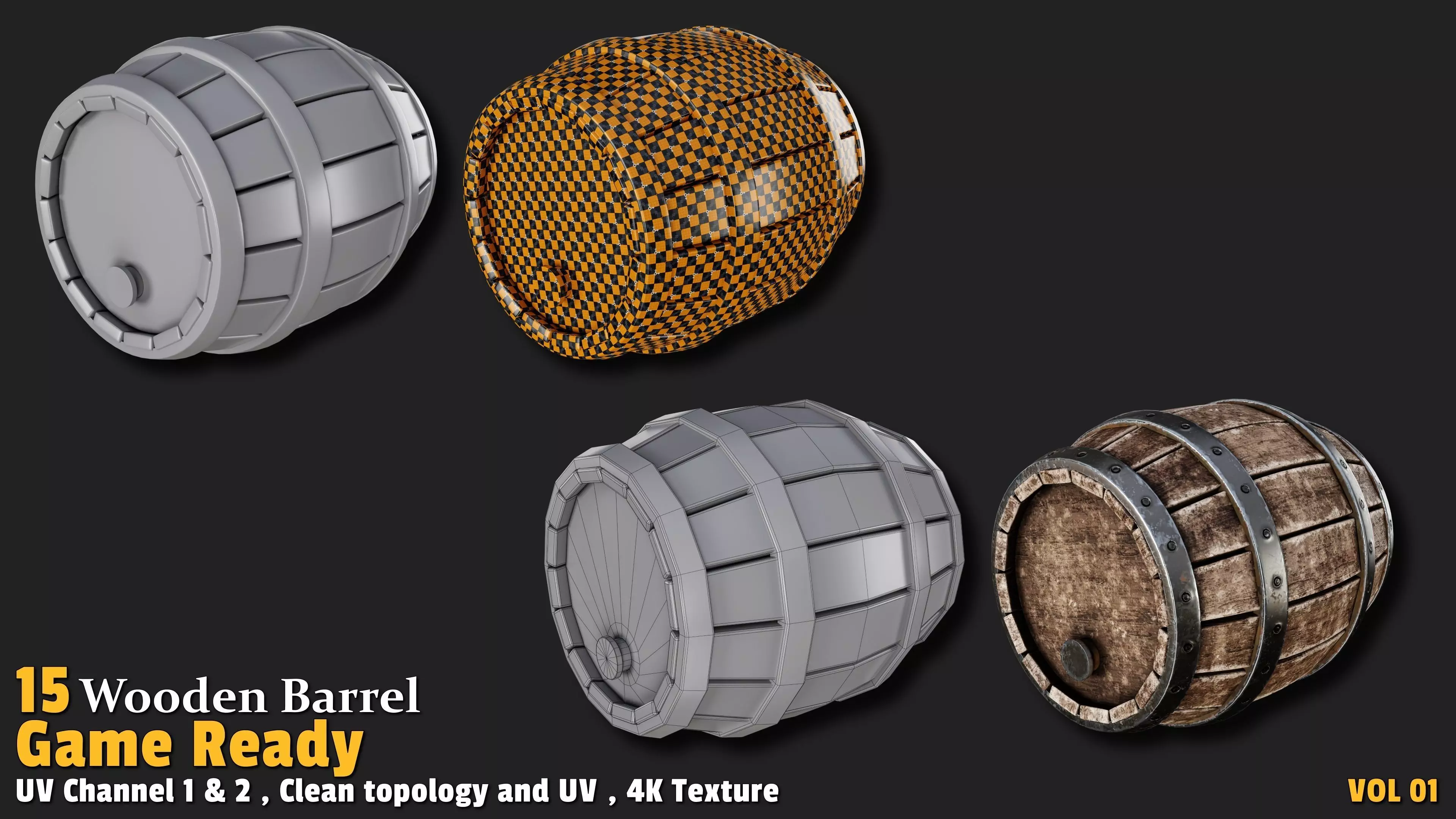 Wooden Barrel Game Ready VOL01 Low-poly 3D model_3