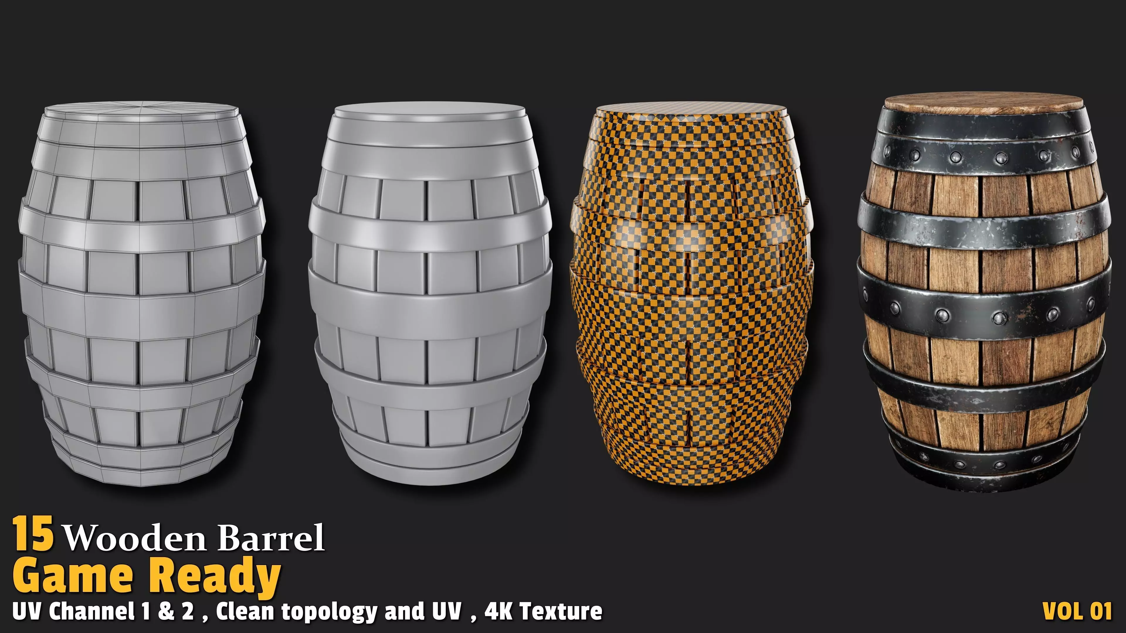 Wooden Barrel Game Ready VOL01 Low-poly 3D model_11