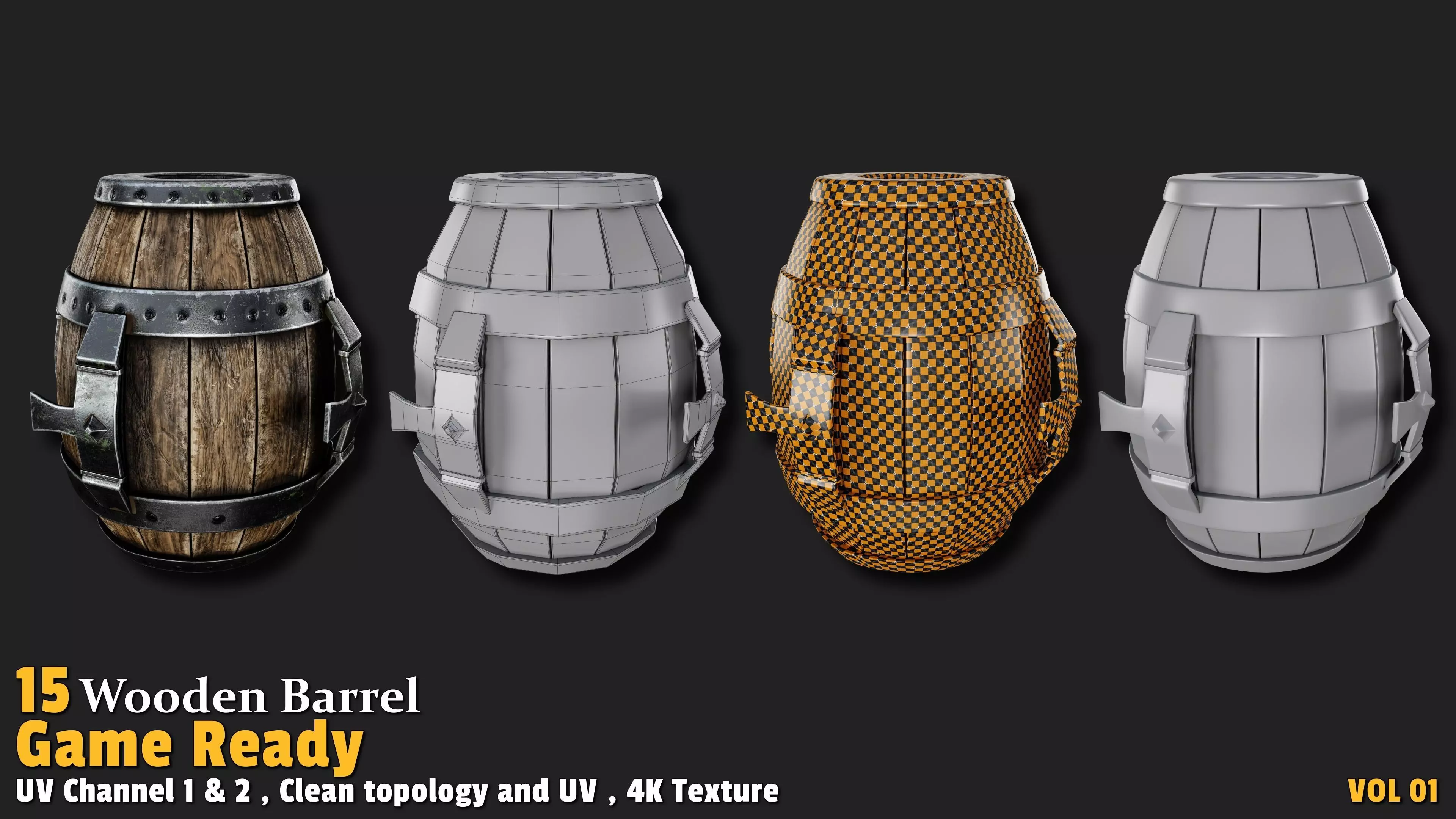 Wooden Barrel Game Ready VOL01 Low-poly 3D model_13