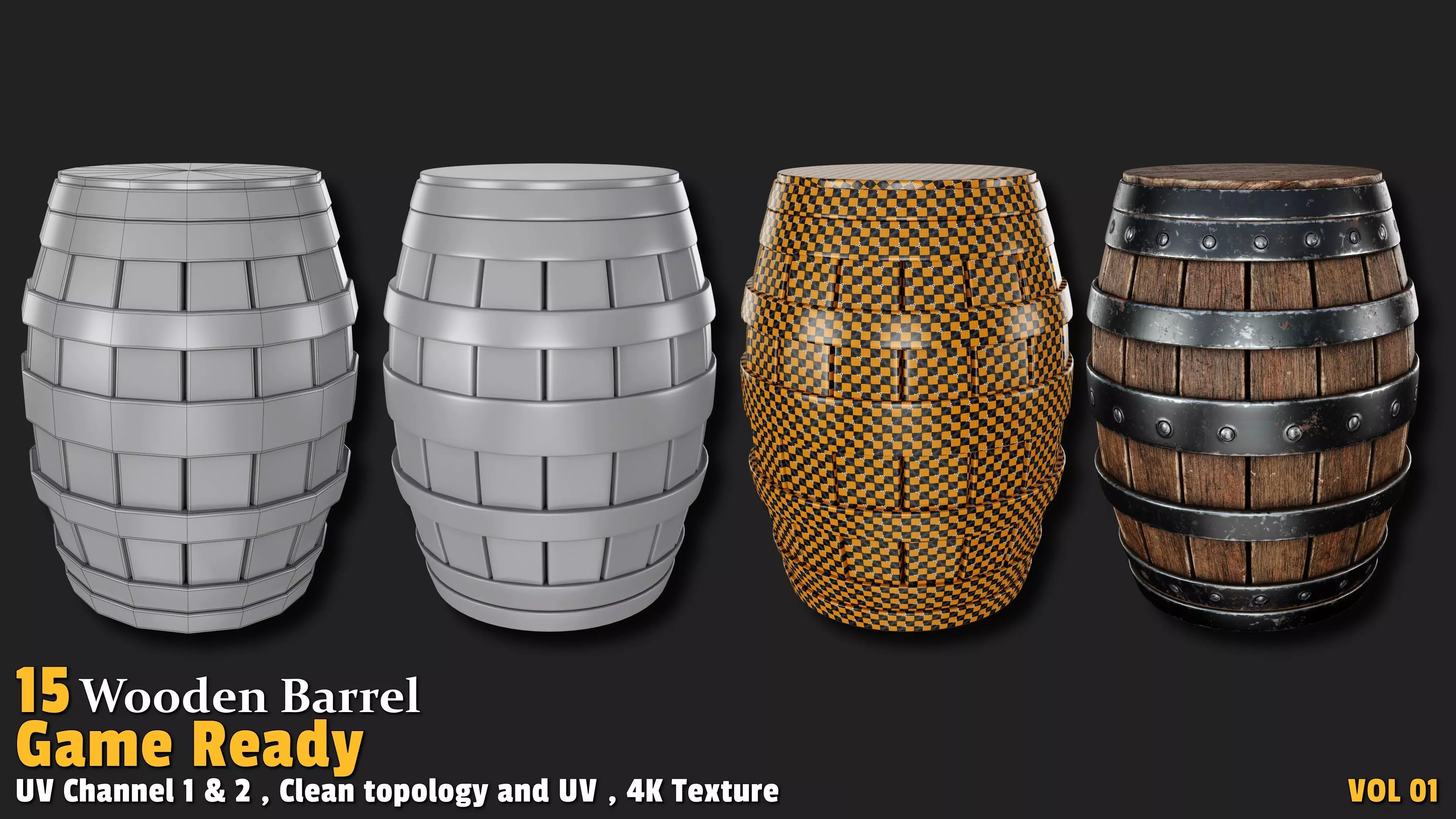 Wooden Barrel Game Ready VOL01 Low-poly 3D model_12