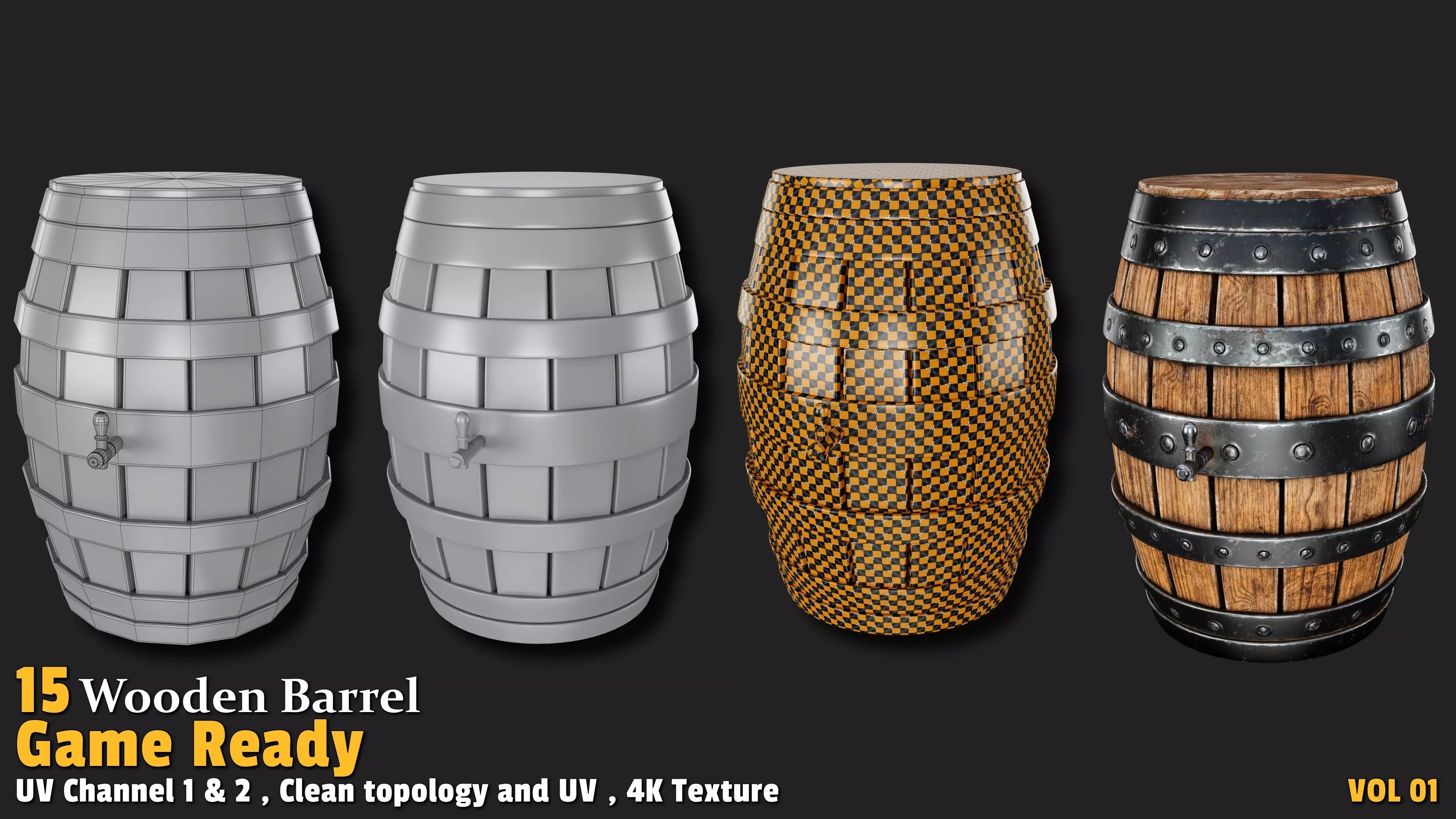 Wooden Barrel Game Ready VOL01 Low-poly 3D model_10